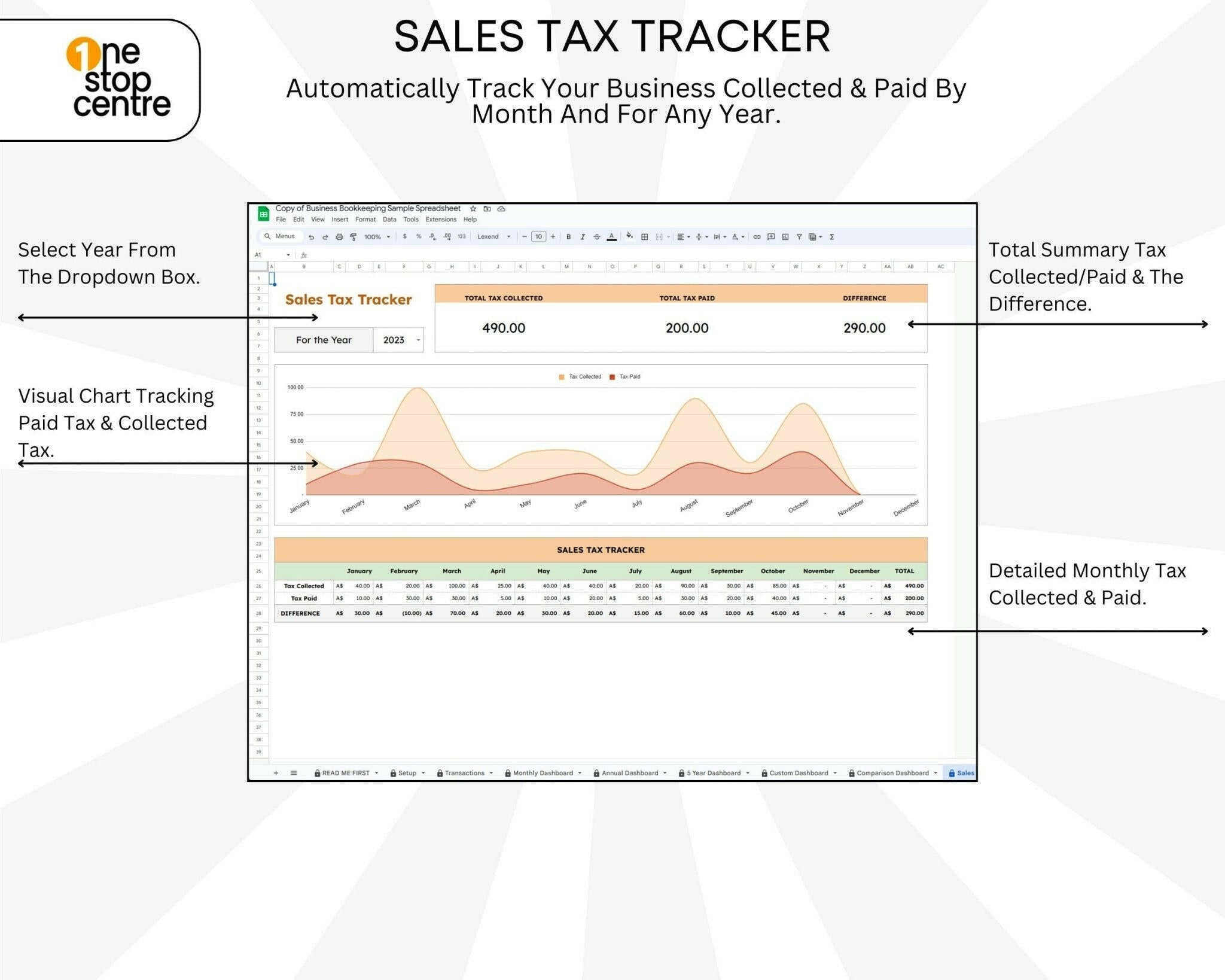 Sales tax tracker and digital bookkeeping spreadsheet for small business