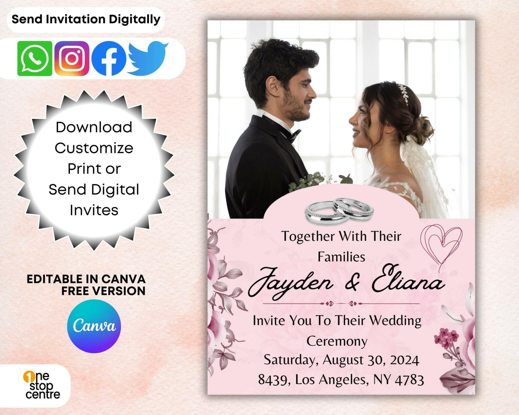 Printable minimalist pink wedding invitation template.