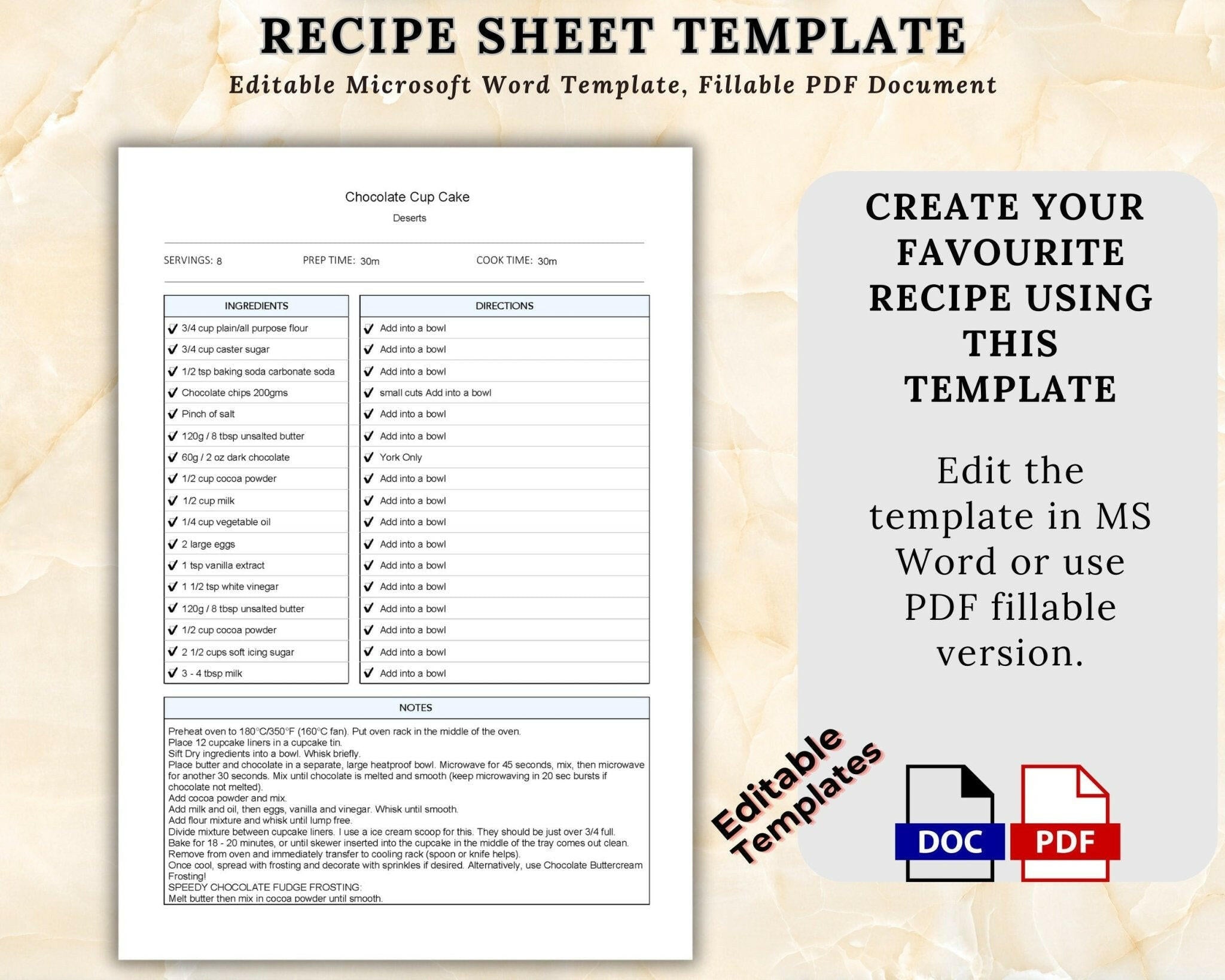 Minimalist Recipe Card Template with Ingredients & Instructions
