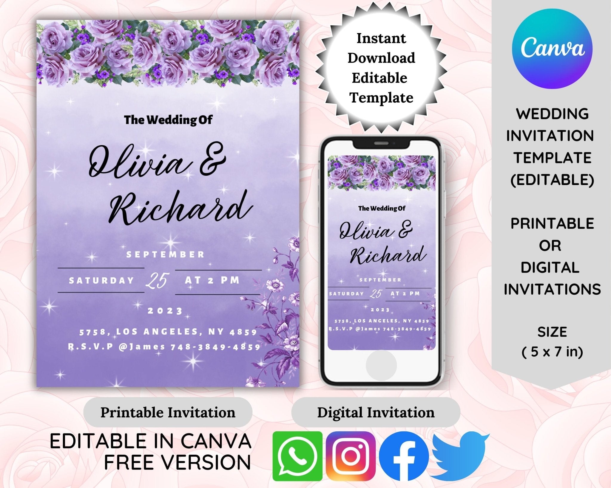 Minimal purple floral wedding invitation template in Canva