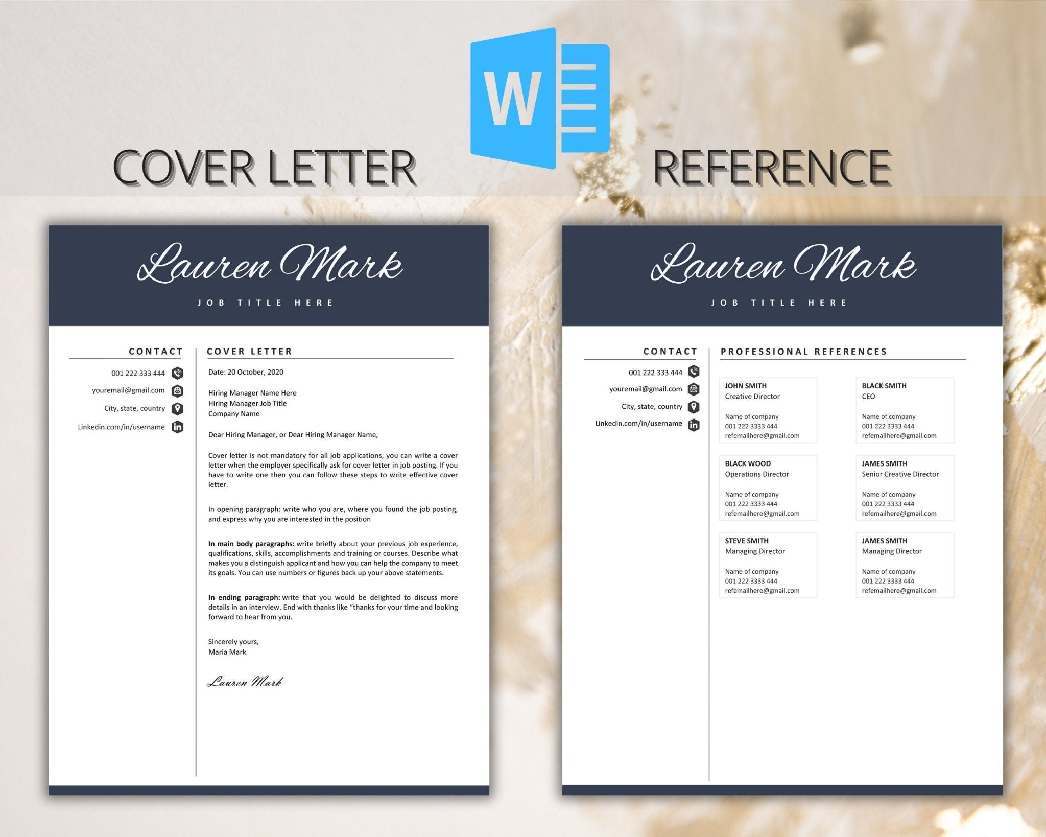 Editable resume and cover letter and reference page modern design