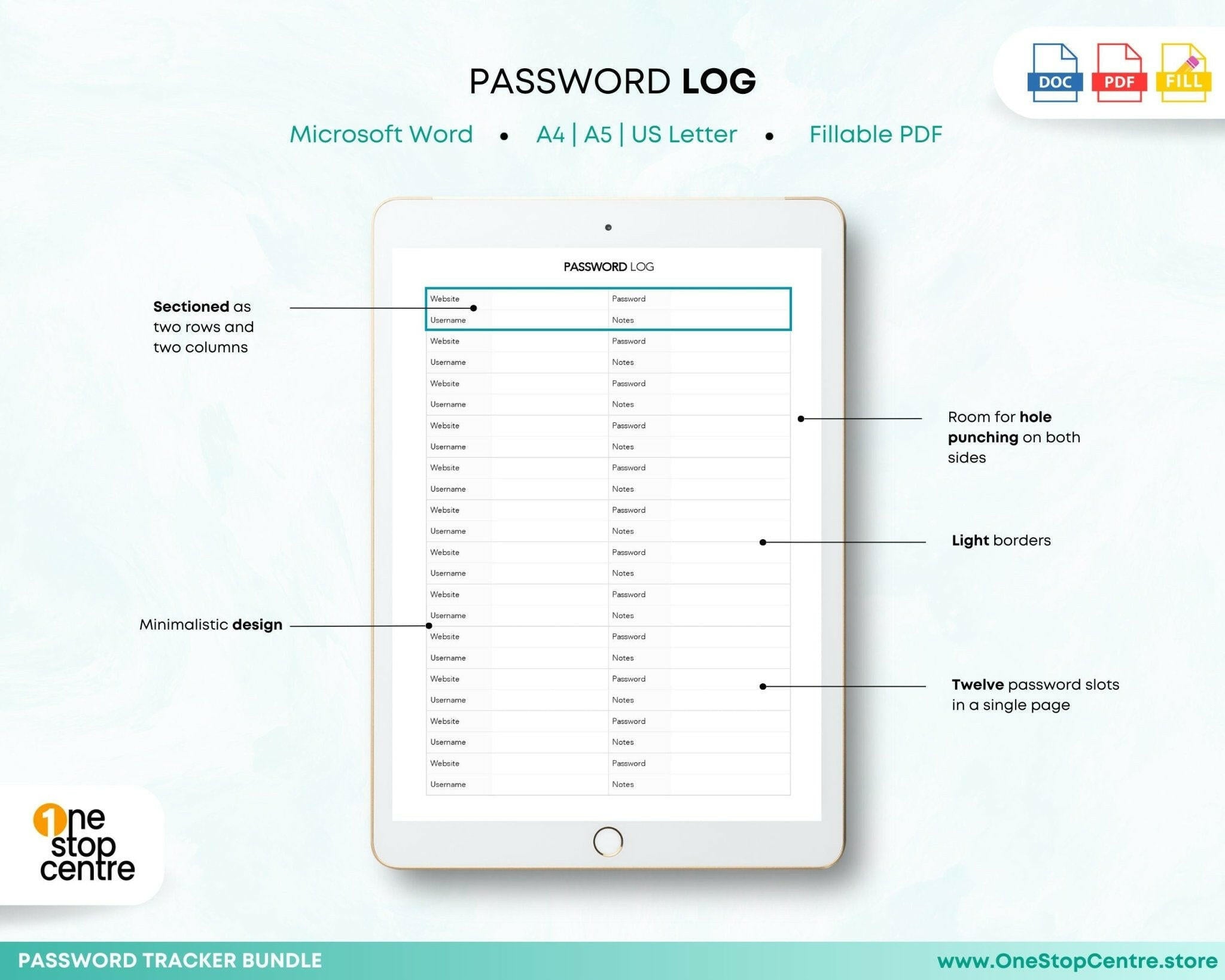 Printable Password Log – A5 Format