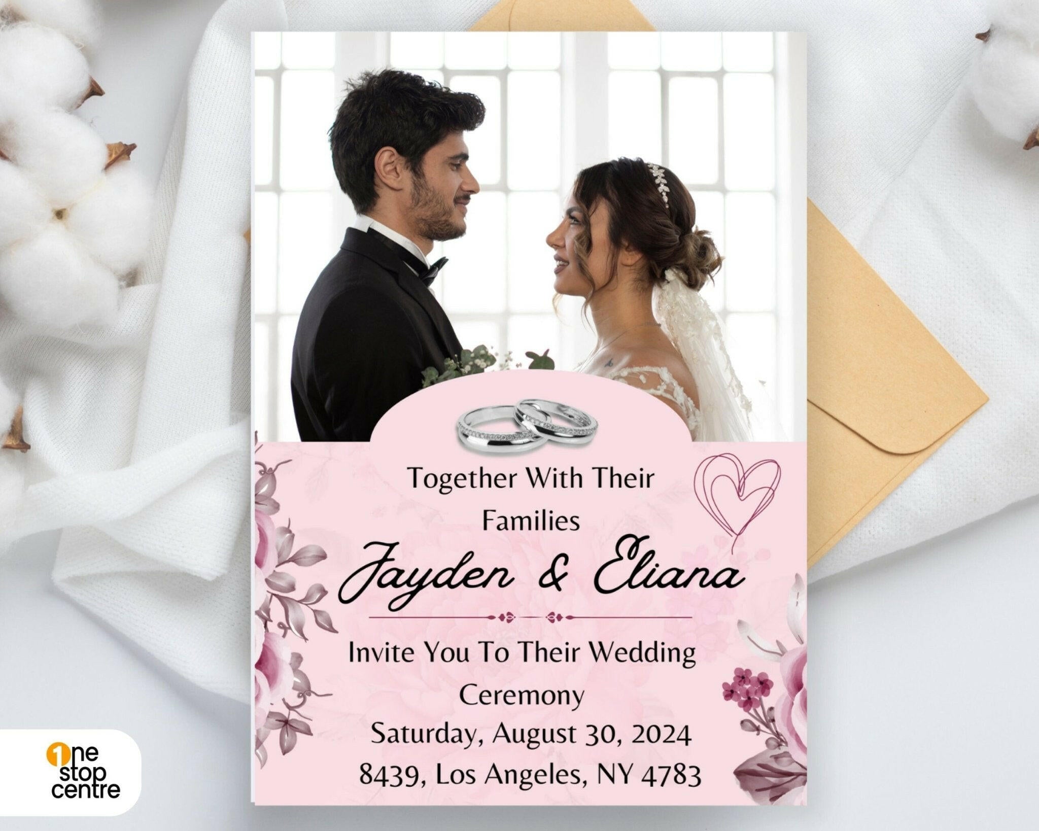 Mobile-friendly pink wedding invitation design.