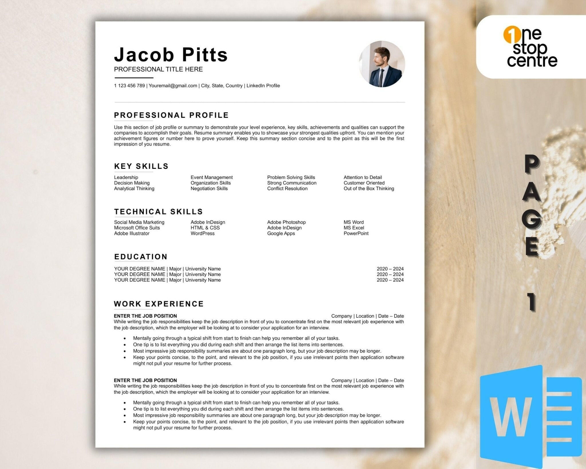 “Professional 3-page resume design with photo and icons”