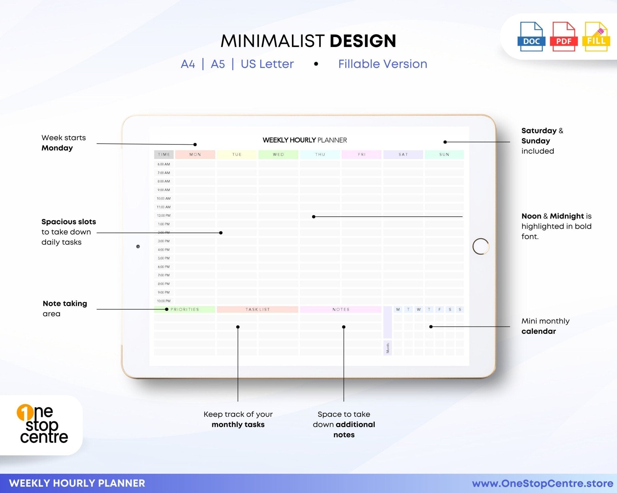Weekly Hourly Planner Template – A4, A5, US Letter
