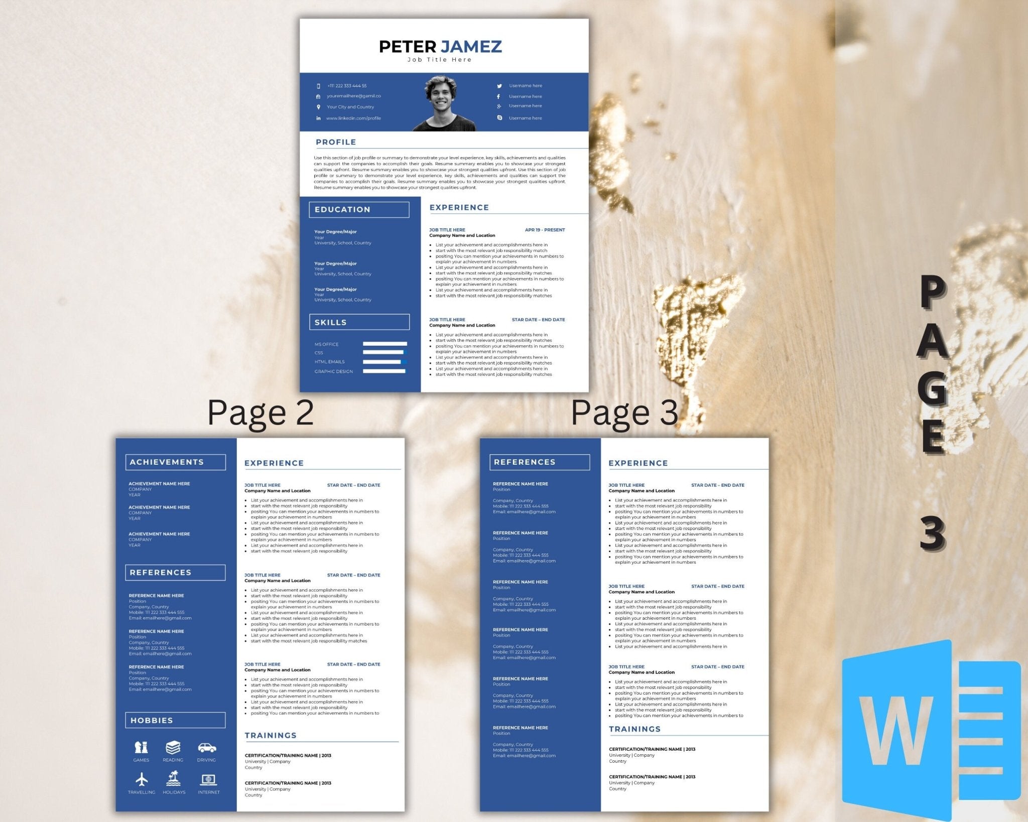 3-page resume template with clean formatting and photo section.