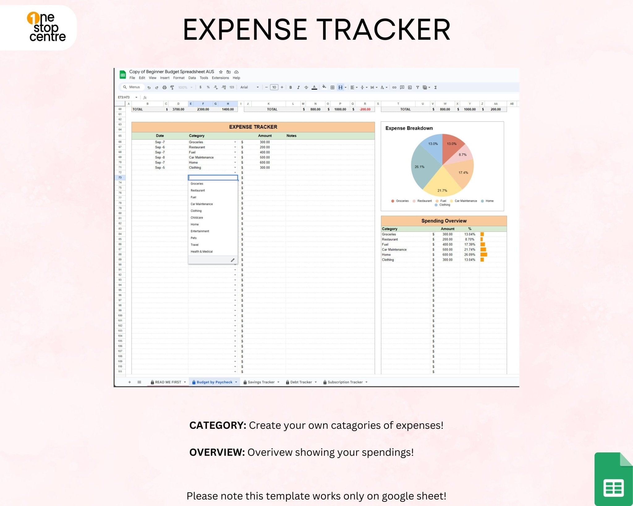 Expense tracker overview on Google Sheets monthly budget planner spreadsheet