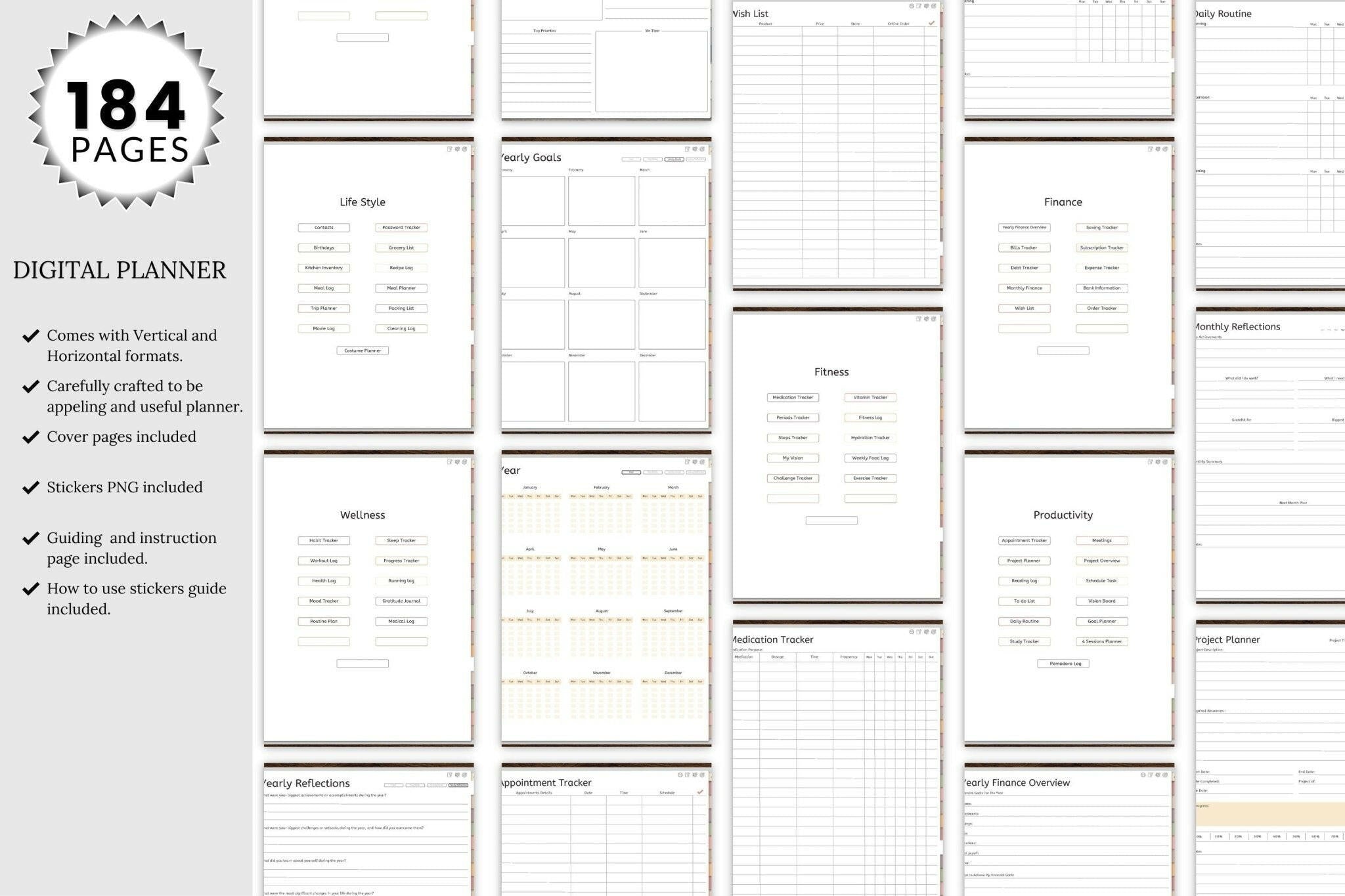 Horizontal layout with productivity and finance pages