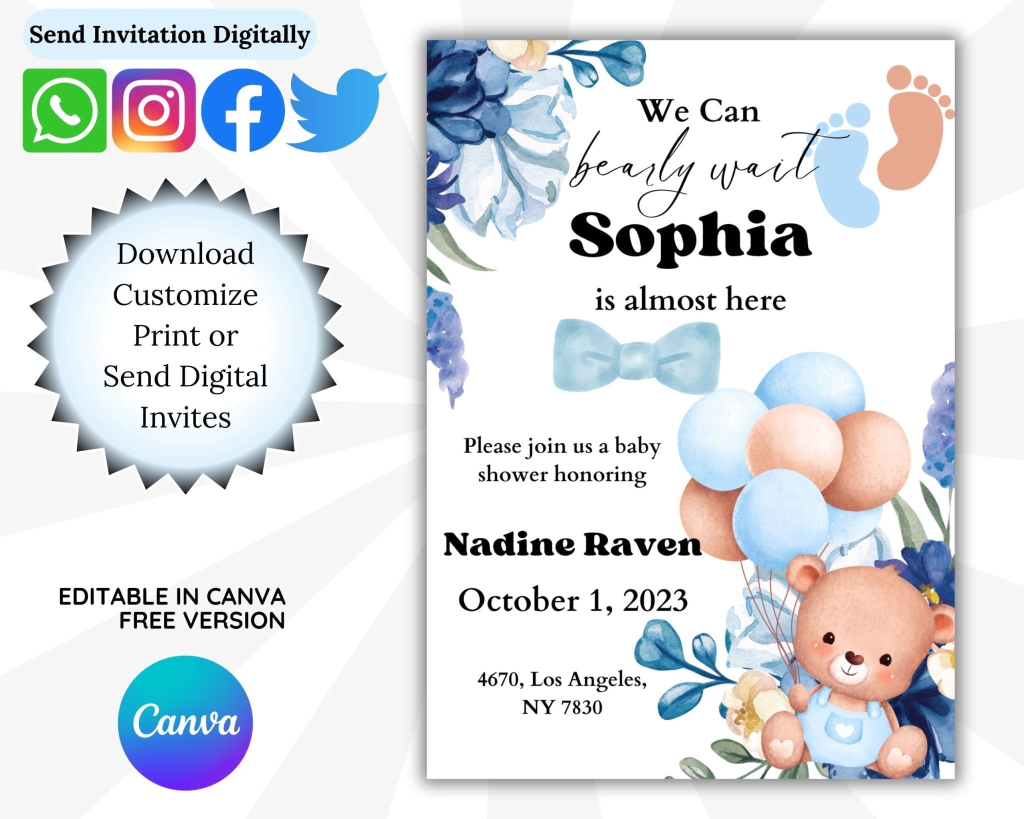 Teddy bear & balloons baby shower template