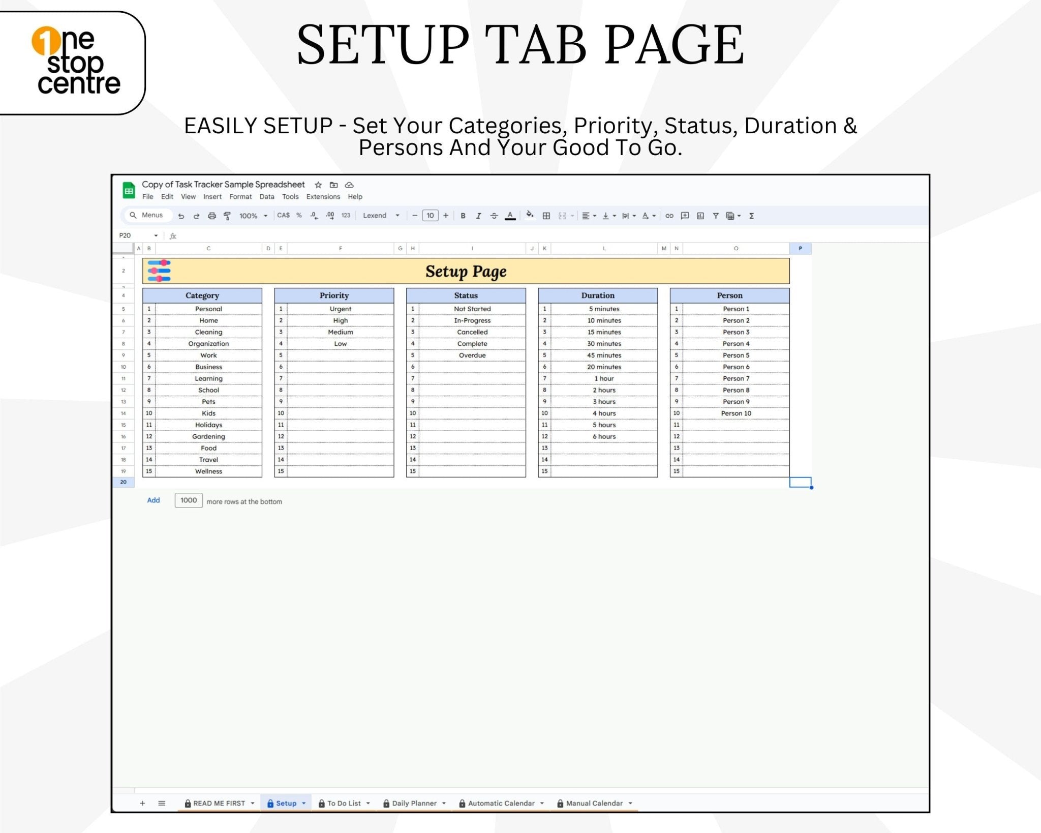 Setup page for task management spreadsheet template.