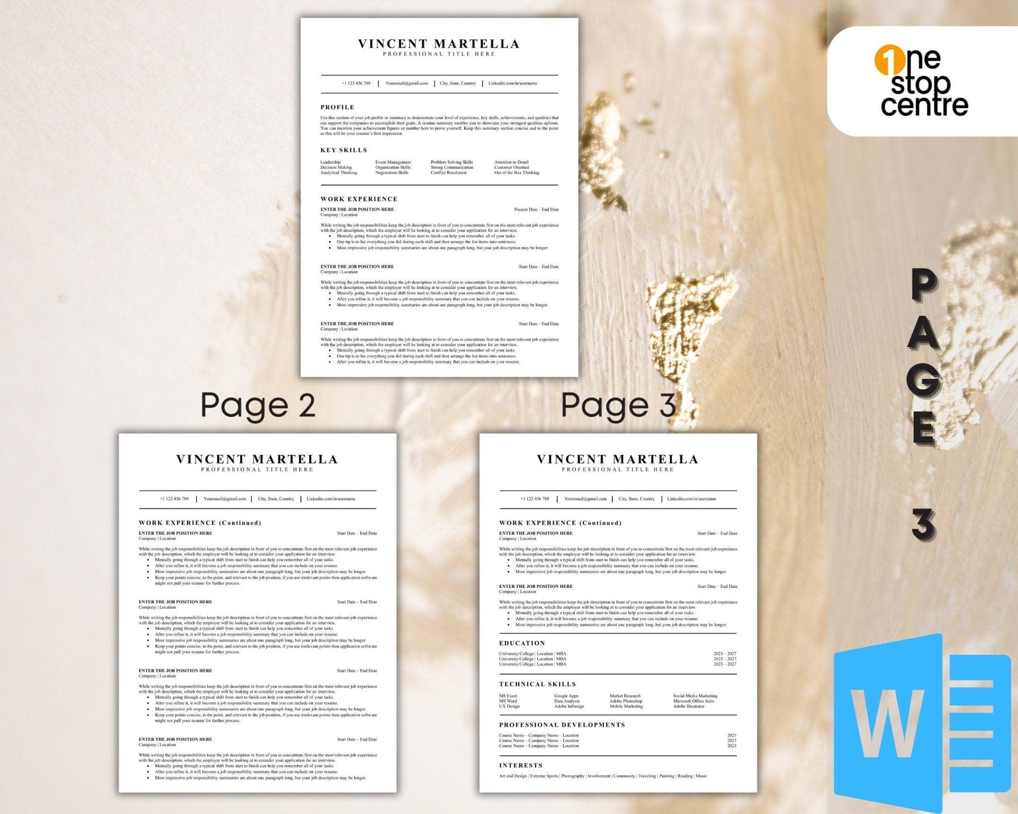 all three pages of the Editable Word resume template with cover letter