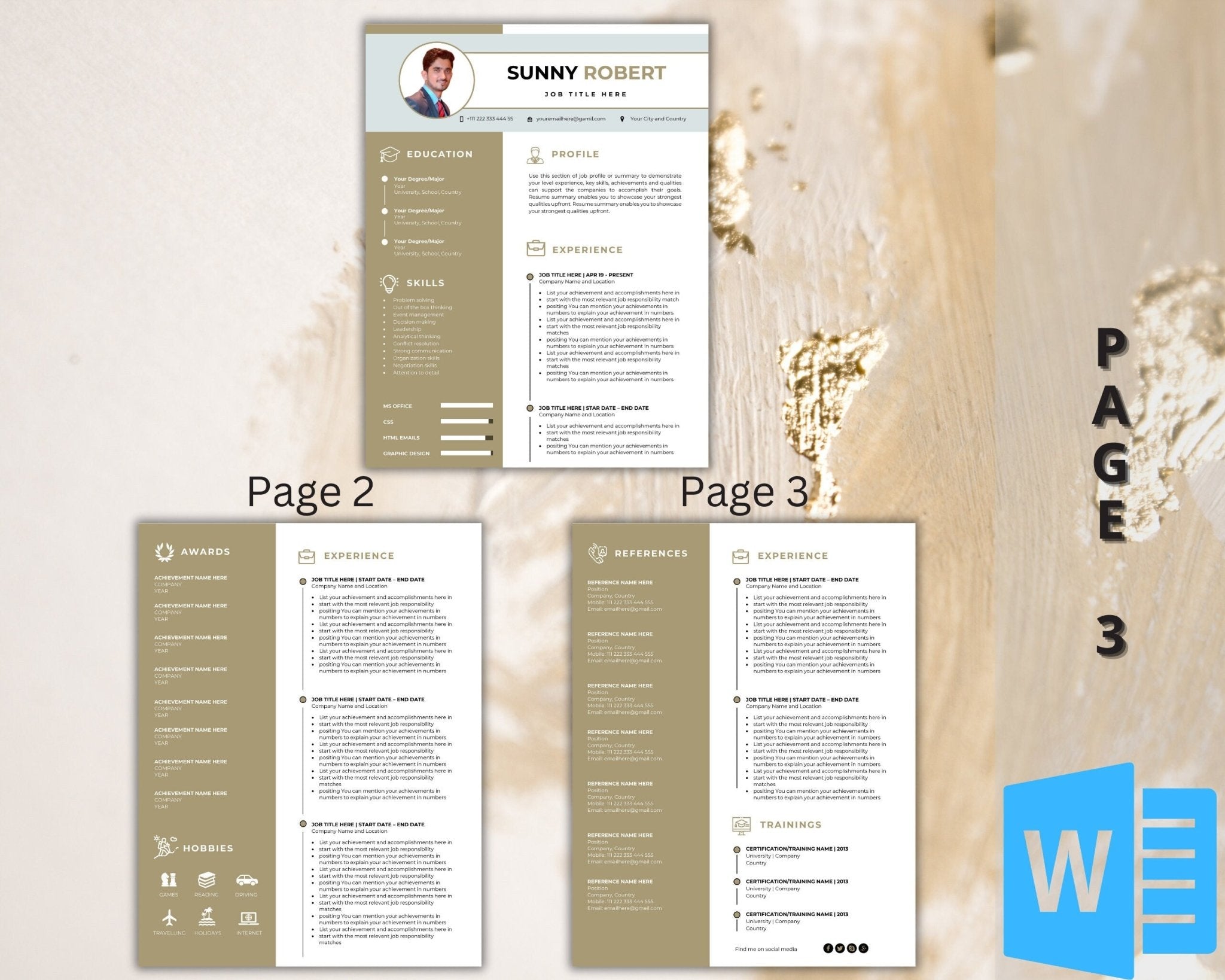 3-page Word resume design with references section