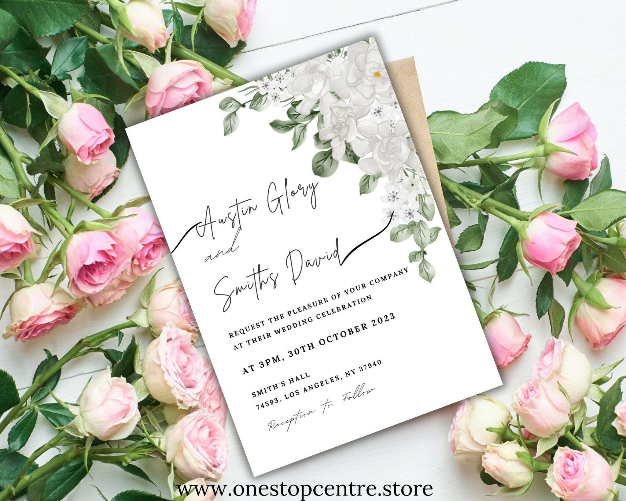 Modern Canva invitation card with eucalyptus leaves