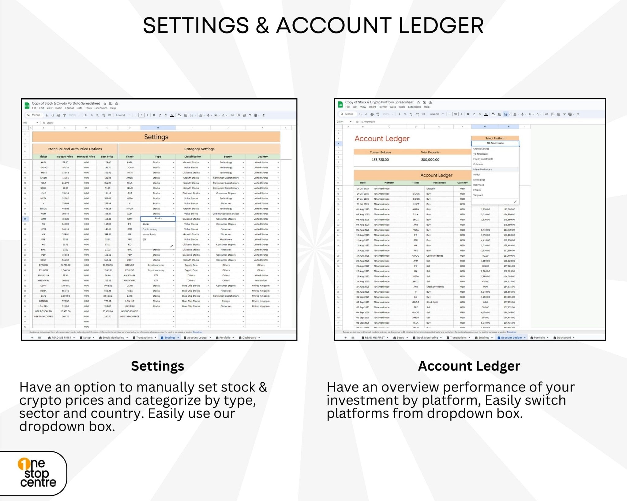 Google Sheets template Setting and account ledger