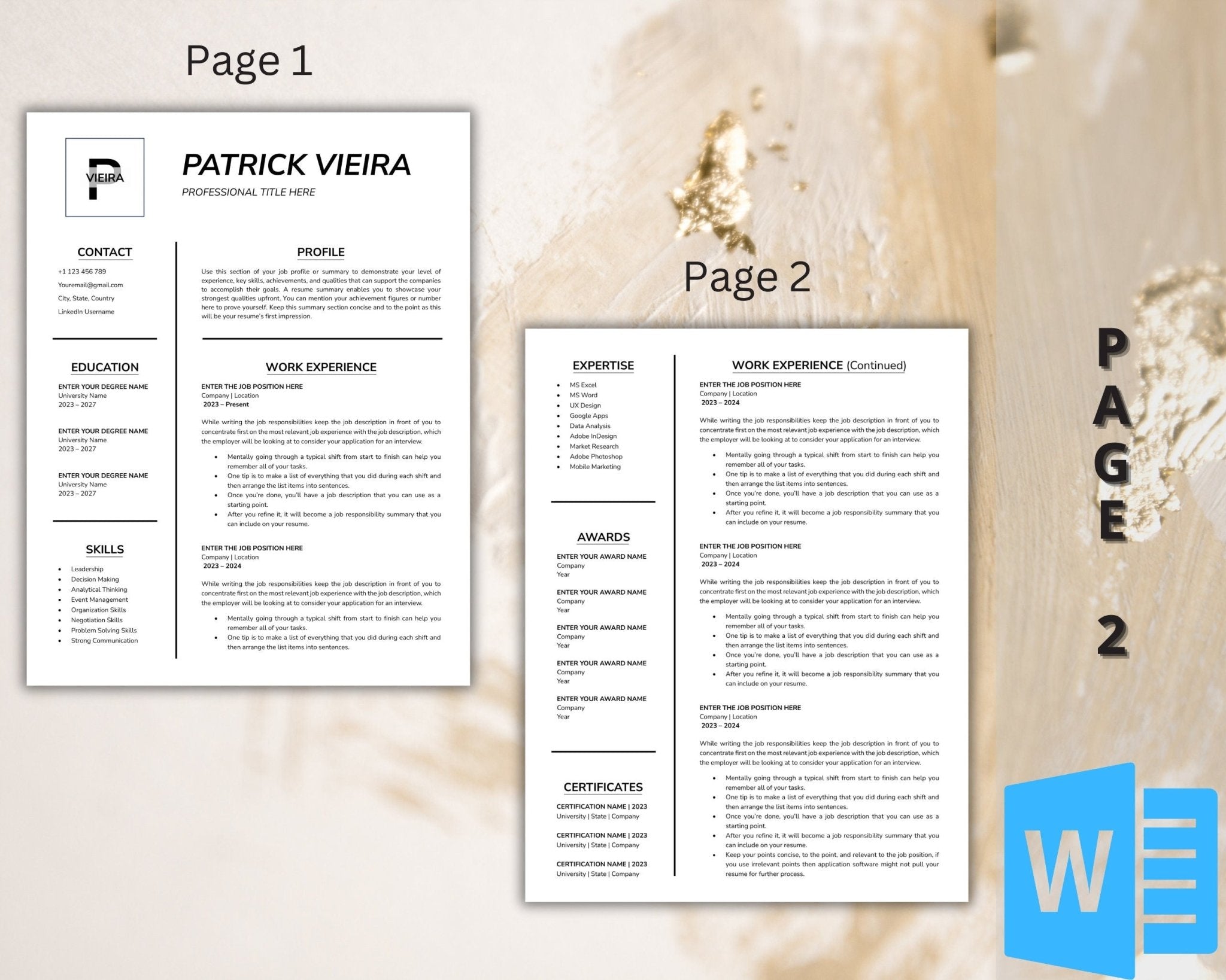 Three-page Word CV template with customizable layout