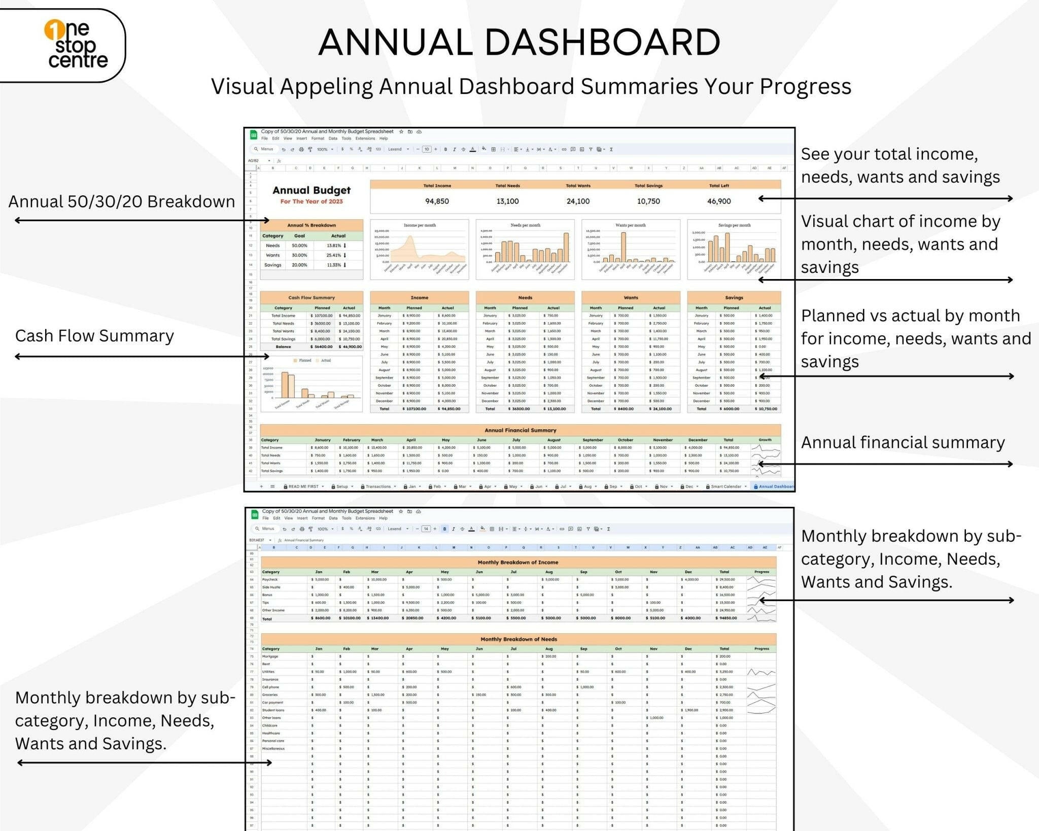 Annual Dashboard with financial summaries and charts on a white background