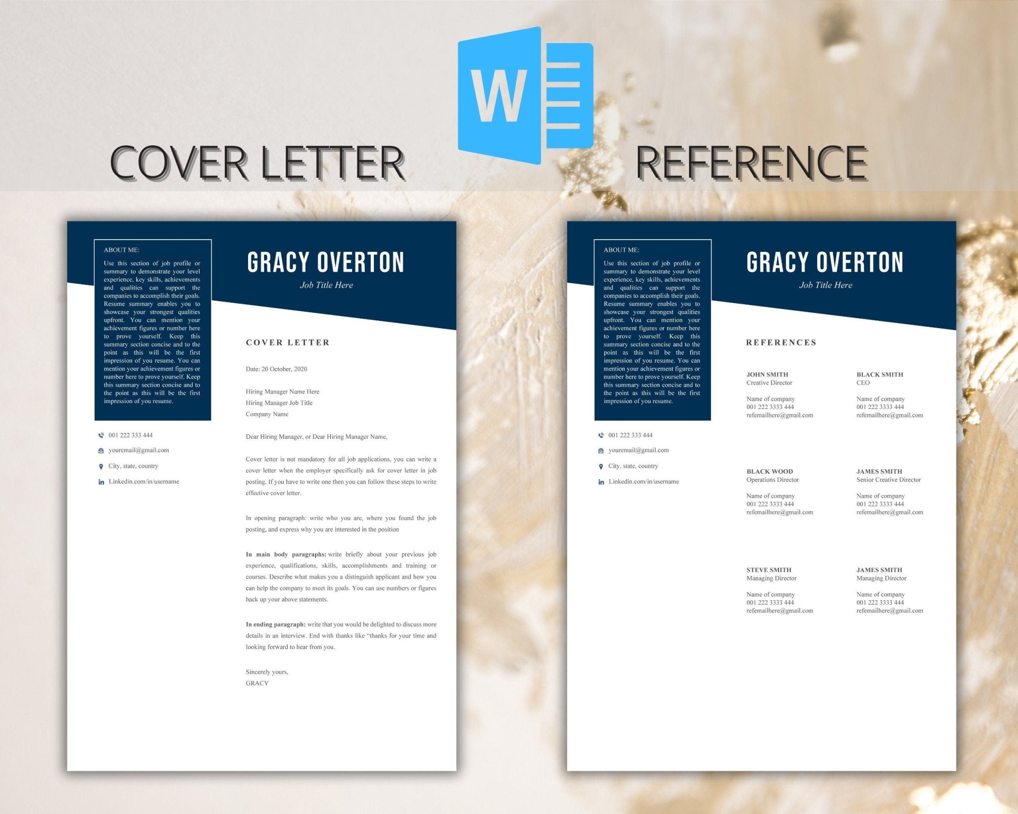 Modern Word resume template for creative professionals with cover letter and reference