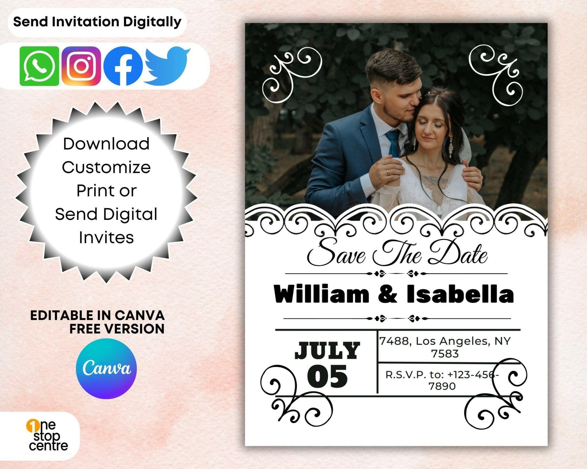 Personalized wedding invitation with clean layout