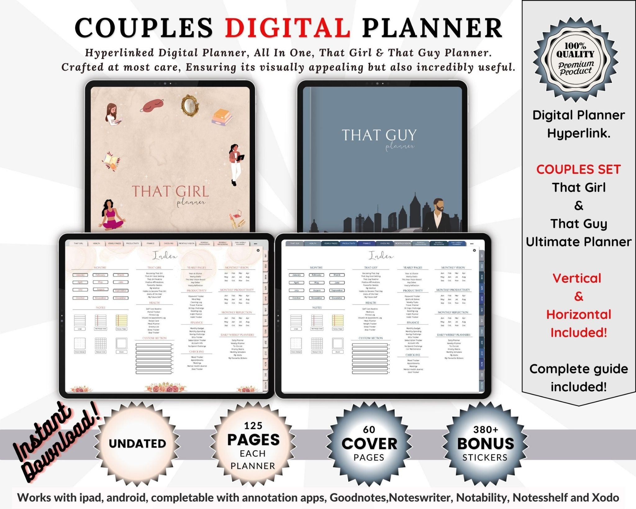 That Girl & That Guy couples digital planner set – hyperlinked, undated, vertical & horizontal layouts