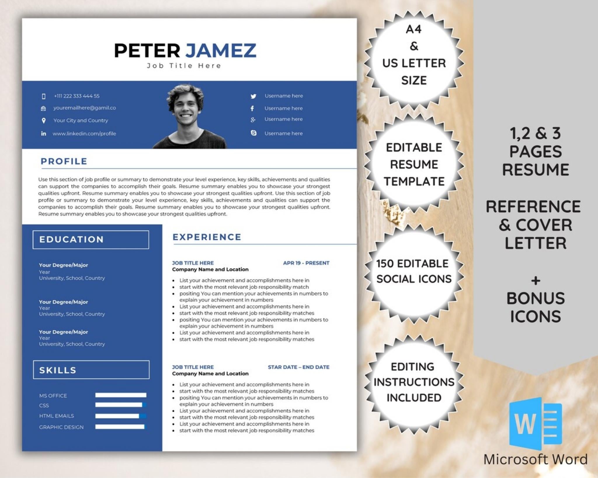 Creative resume template with photo header in Word, one-page layout