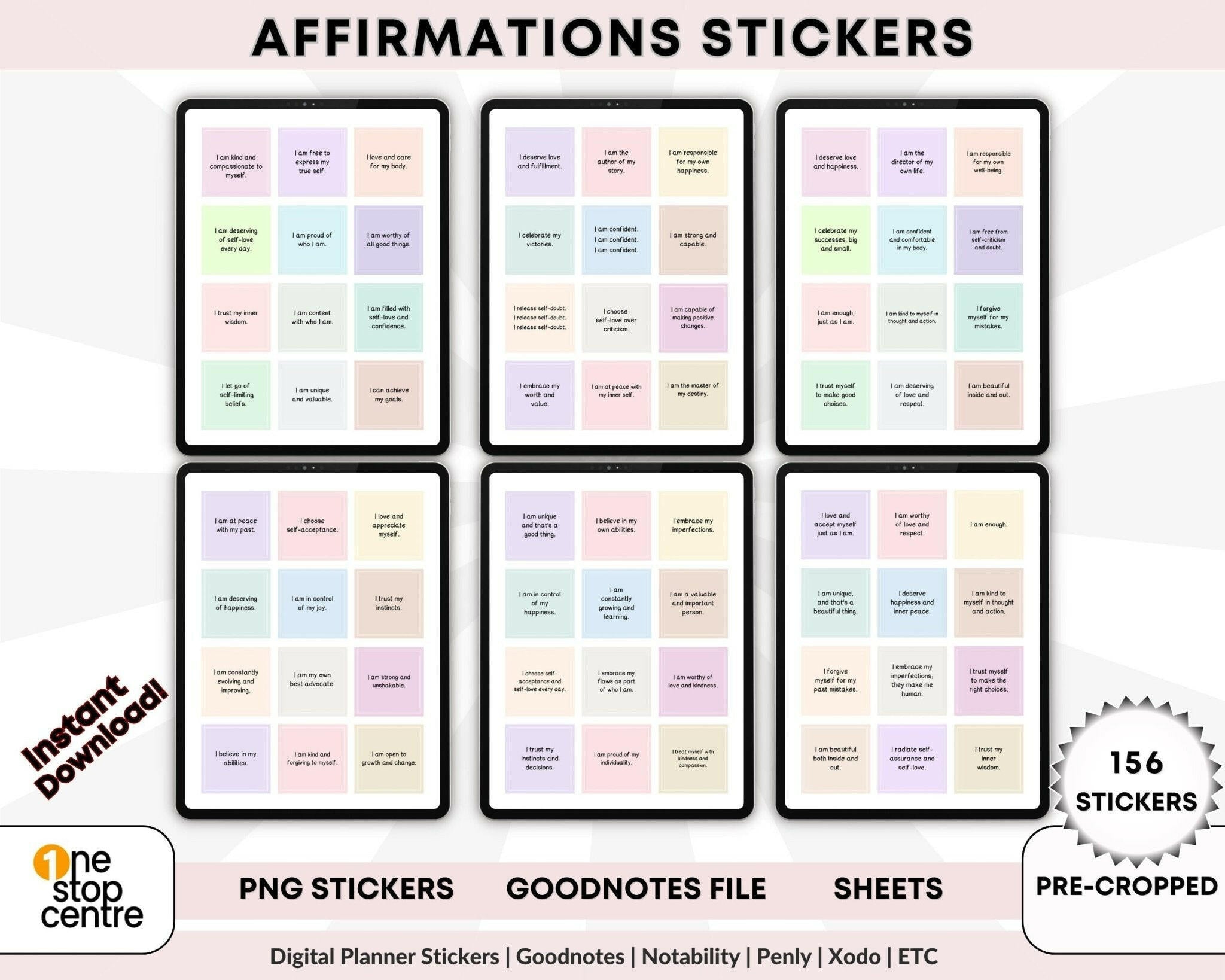Affirmation stickers displayed in Goodnotes app