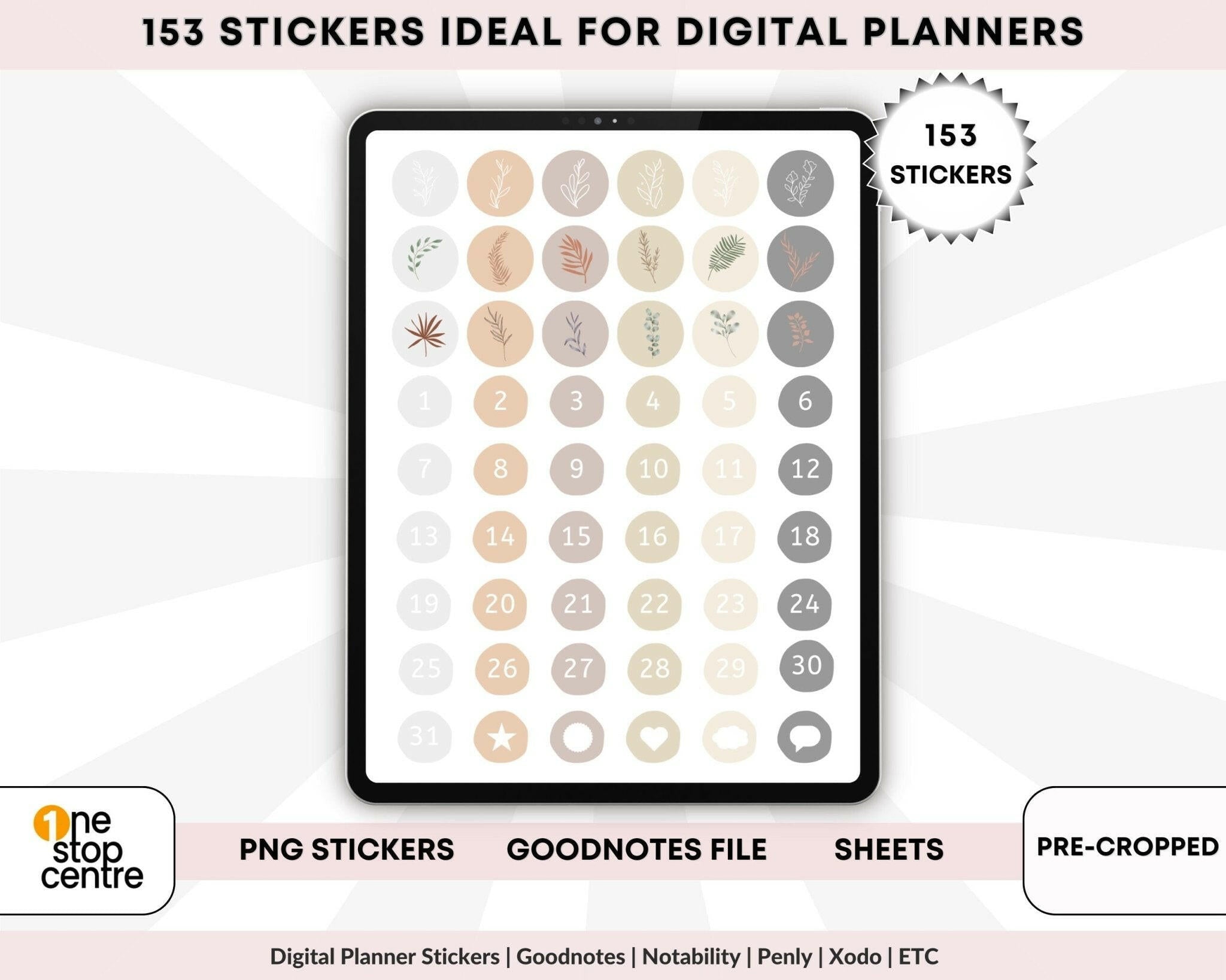 Digital planner stickers displayed on a tablet with branding information.