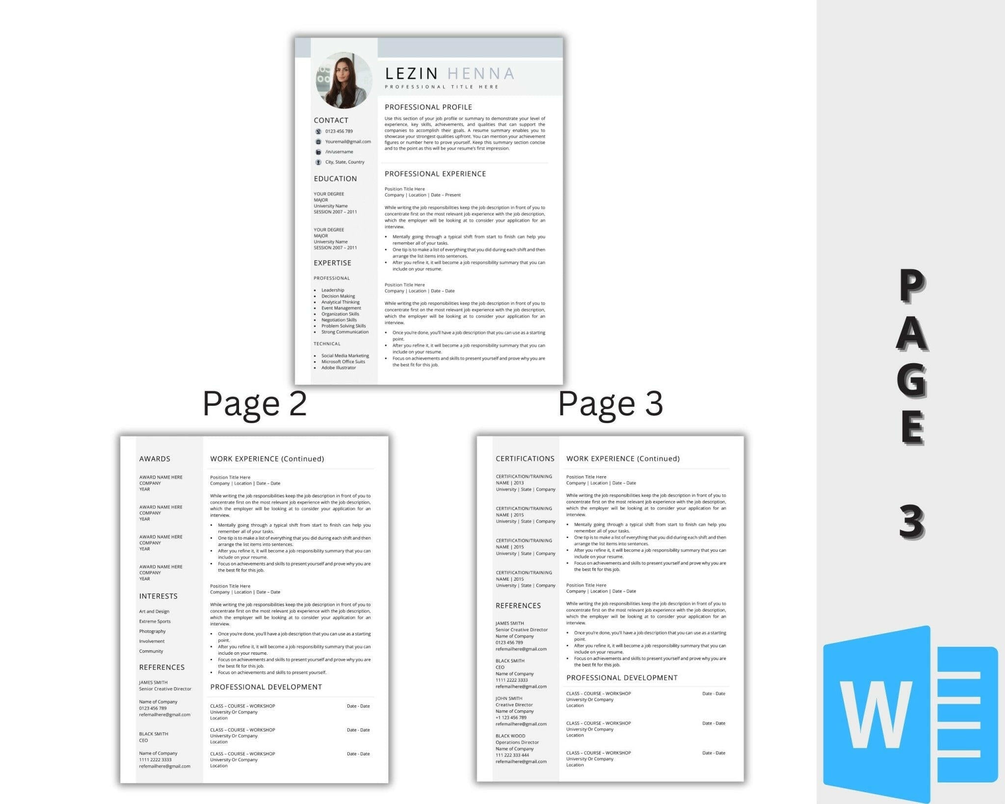Resume Template with Photo and Icons – 3 Page Format