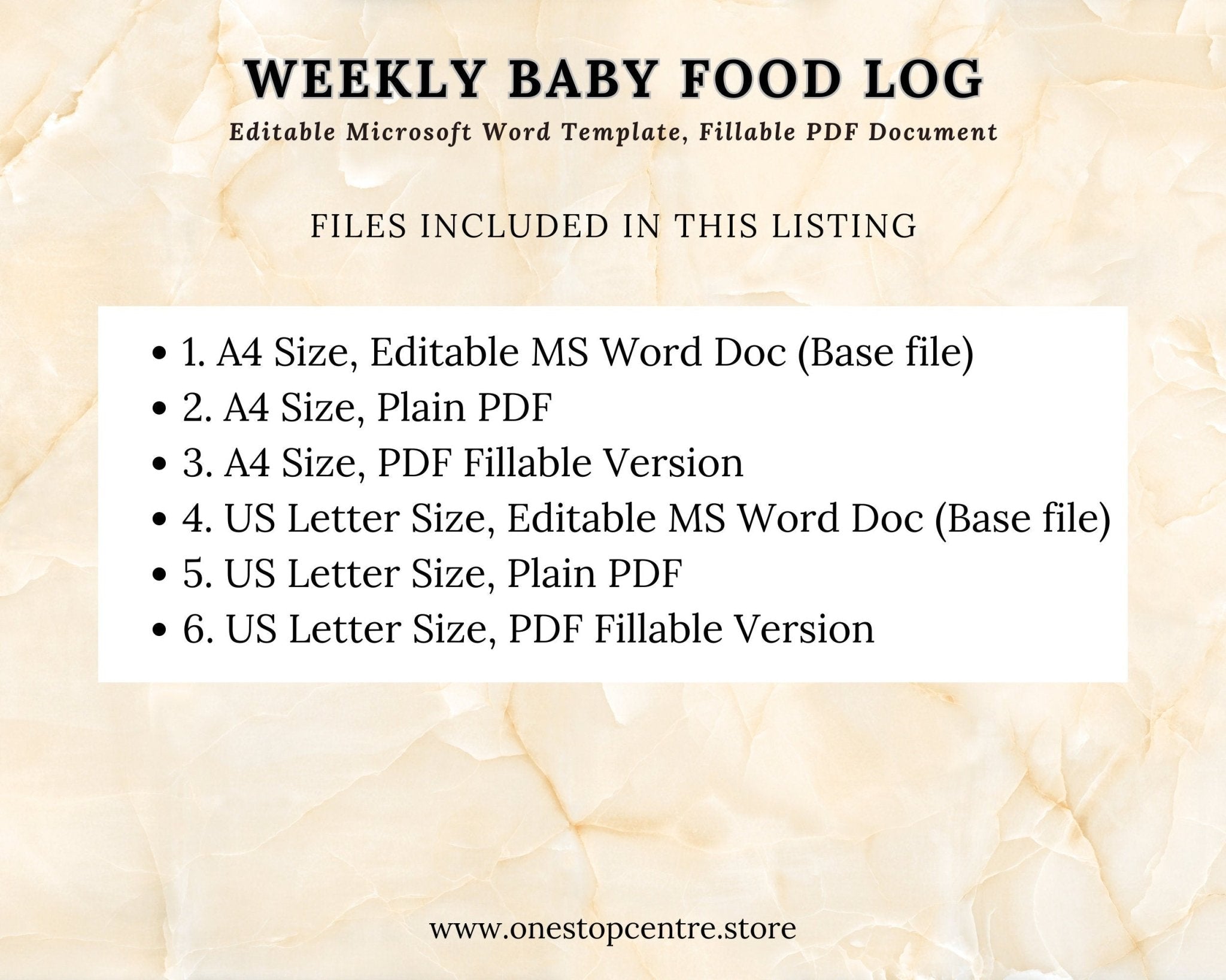 Weekly baby food log template with file details included on a beige marble background