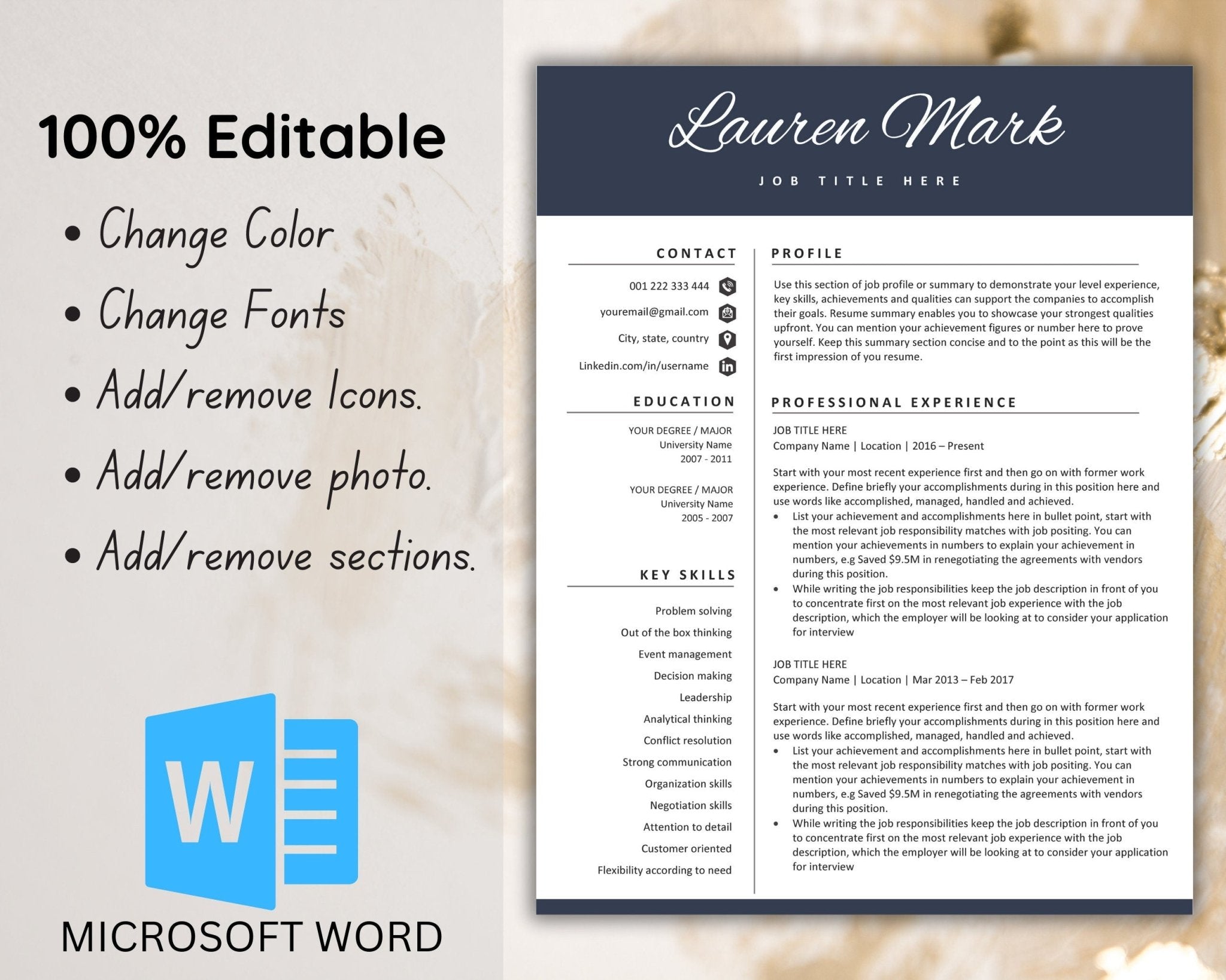 Word resume template with 150 social icons included