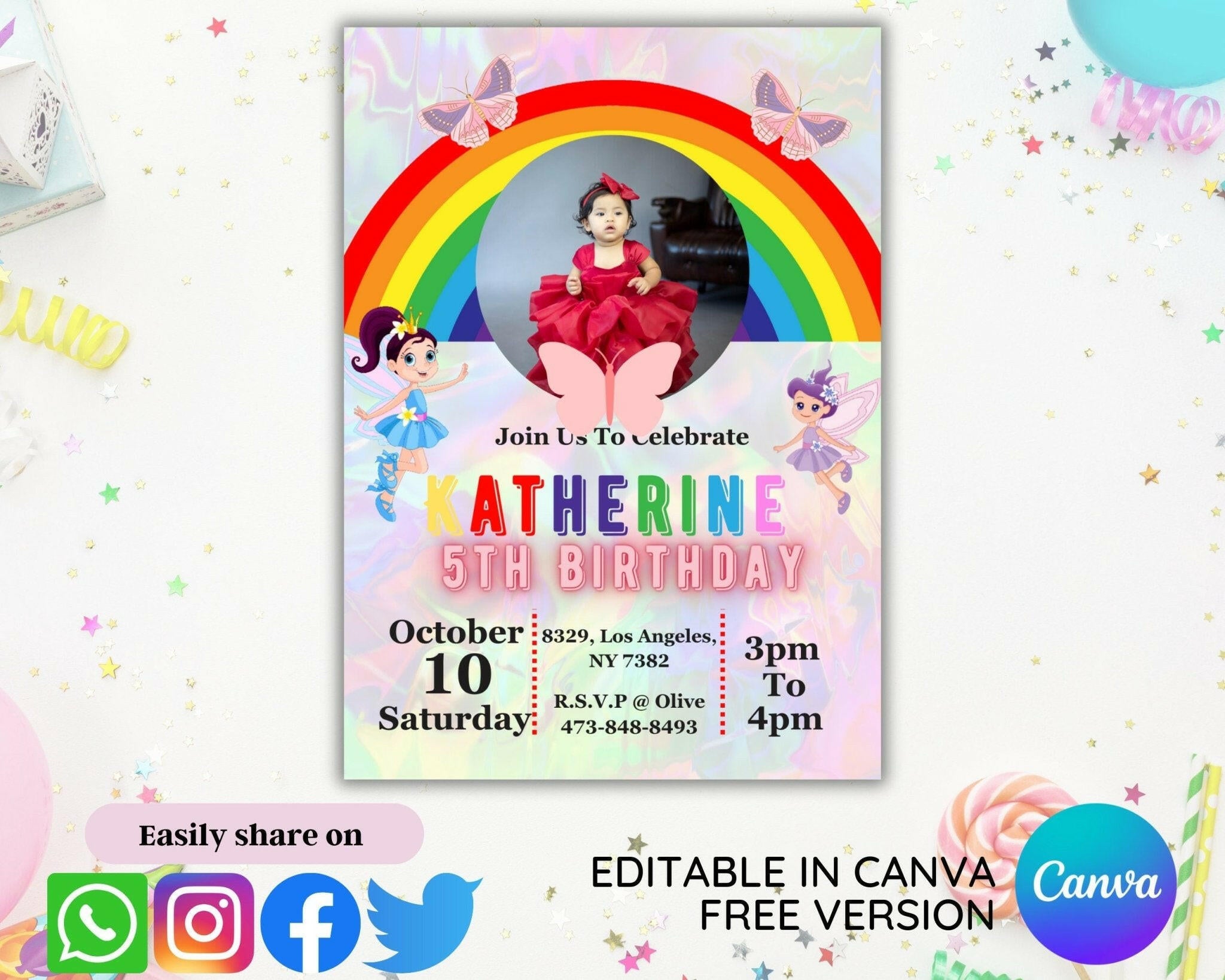Colorful Canva party invite design with photo frame