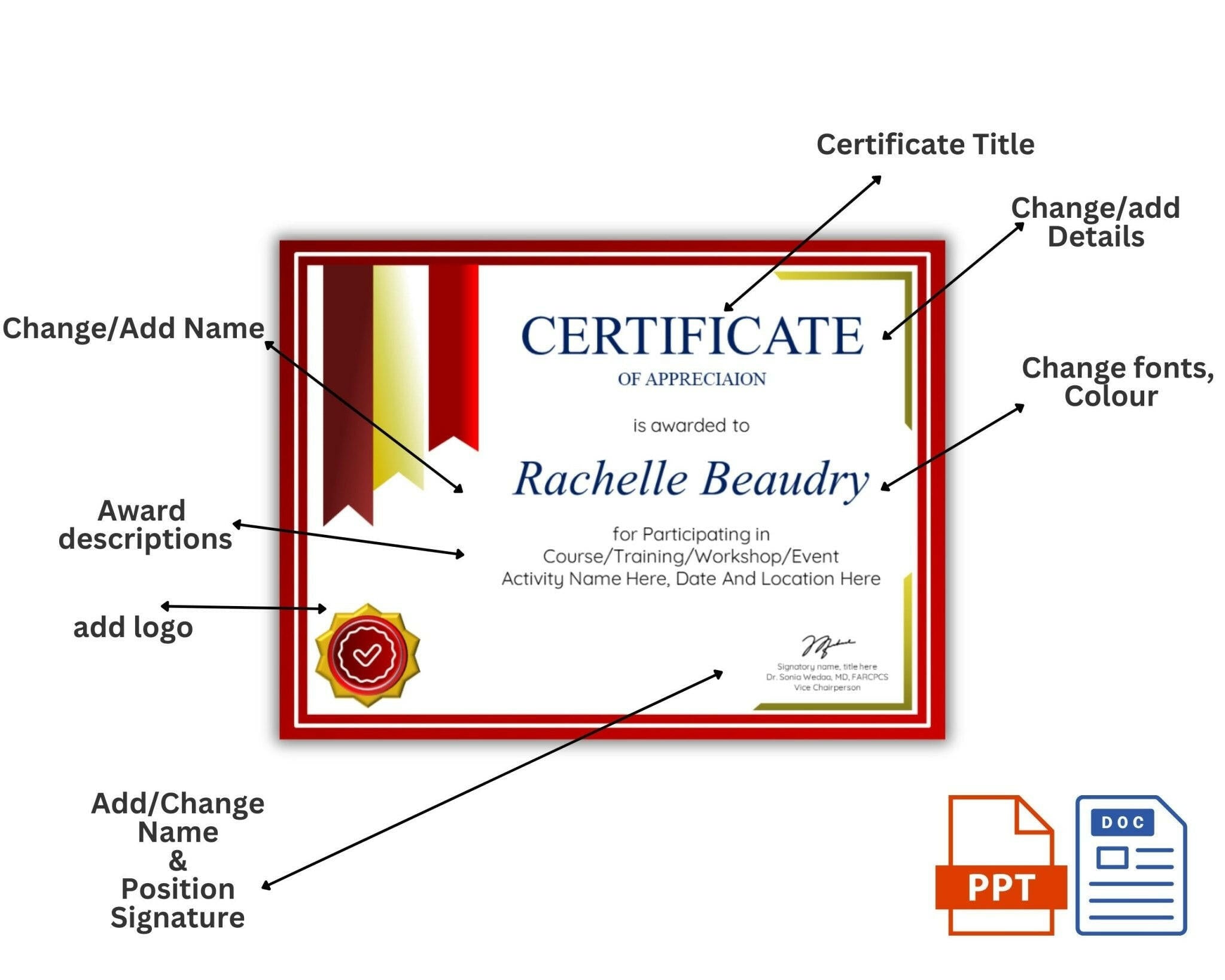 Template of a customizable certificate with various editable elements on a white background.