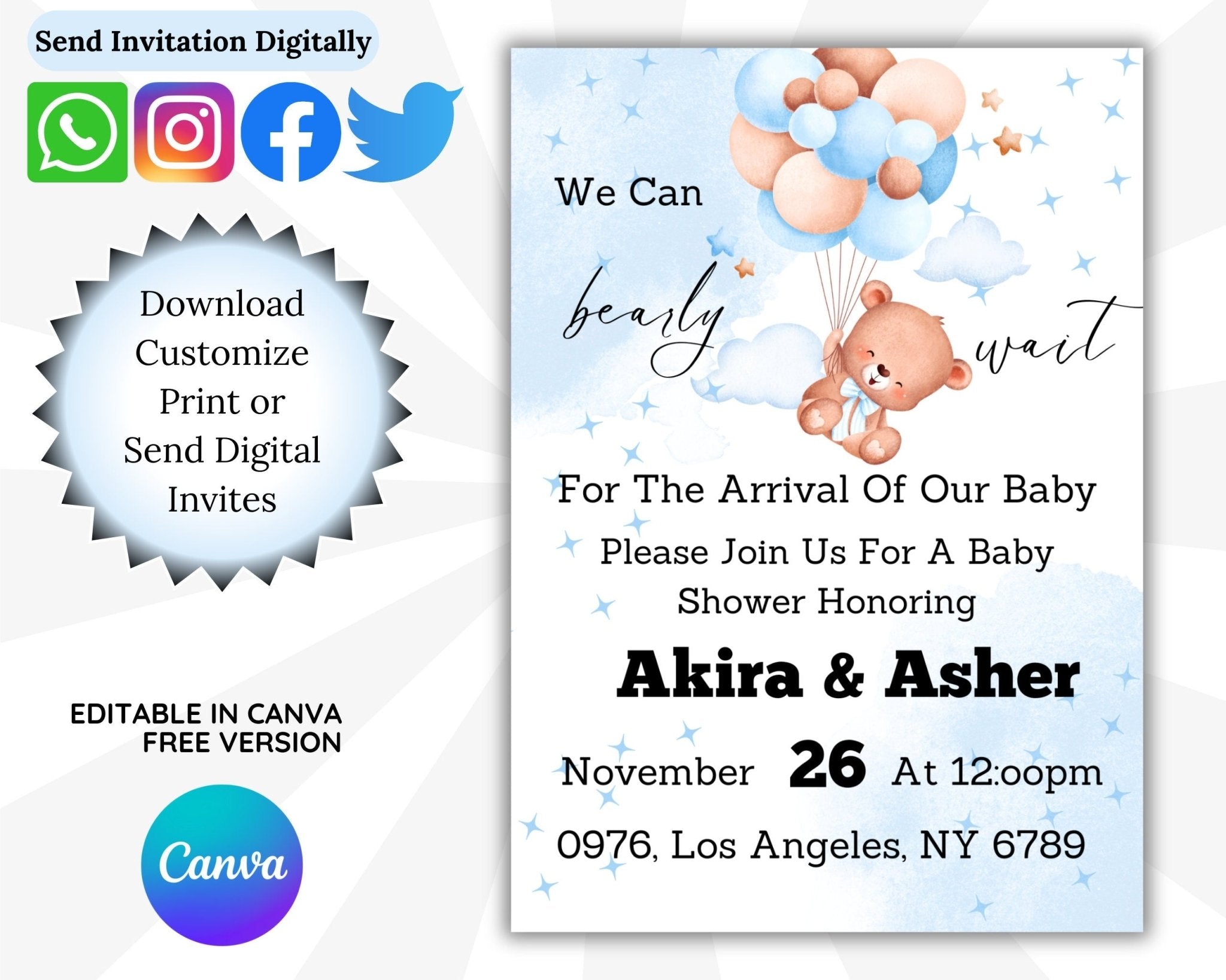 Blue teddy bear design invitation card