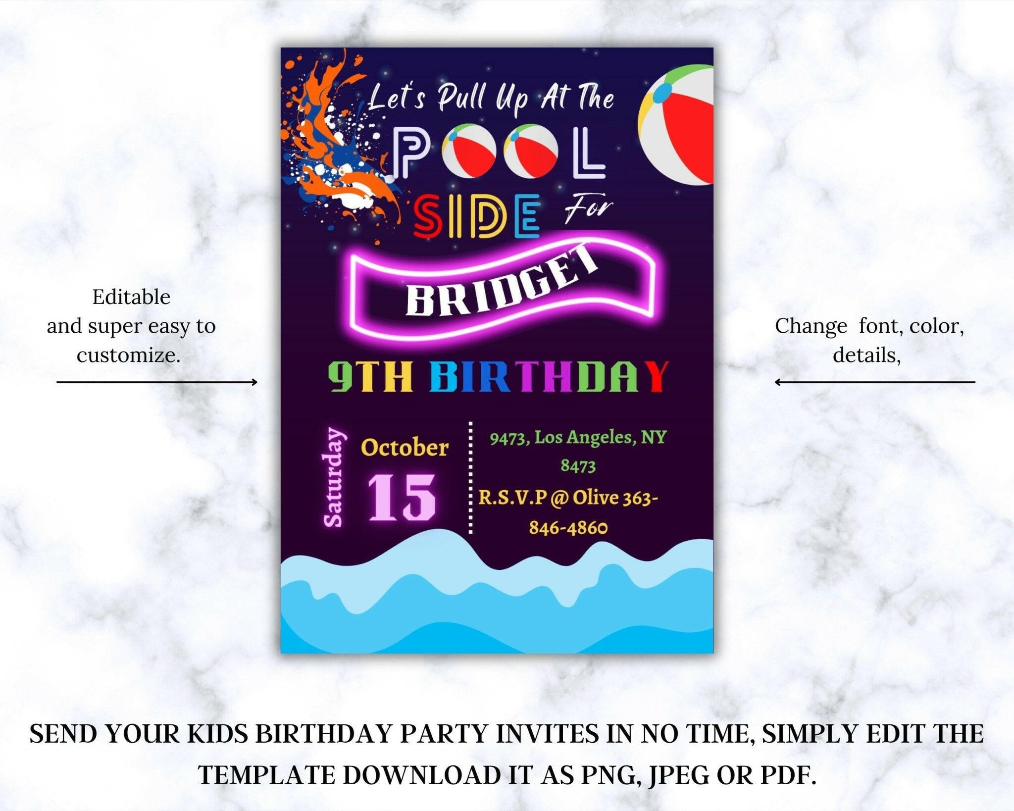 Printable 5x7 birthday invitation template – modern neon colors