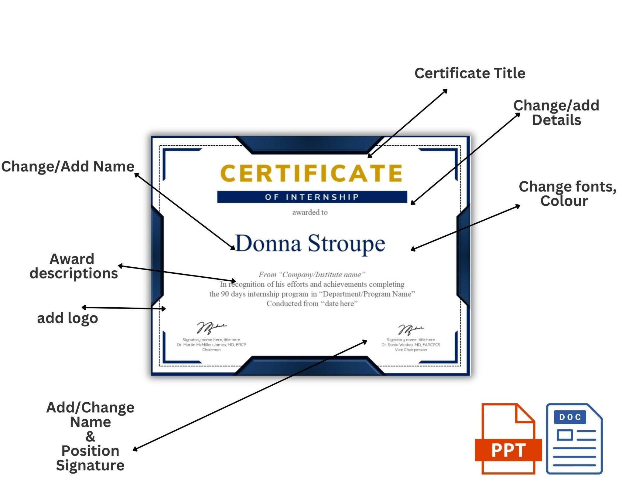 Achievement and internship certificate with editable text