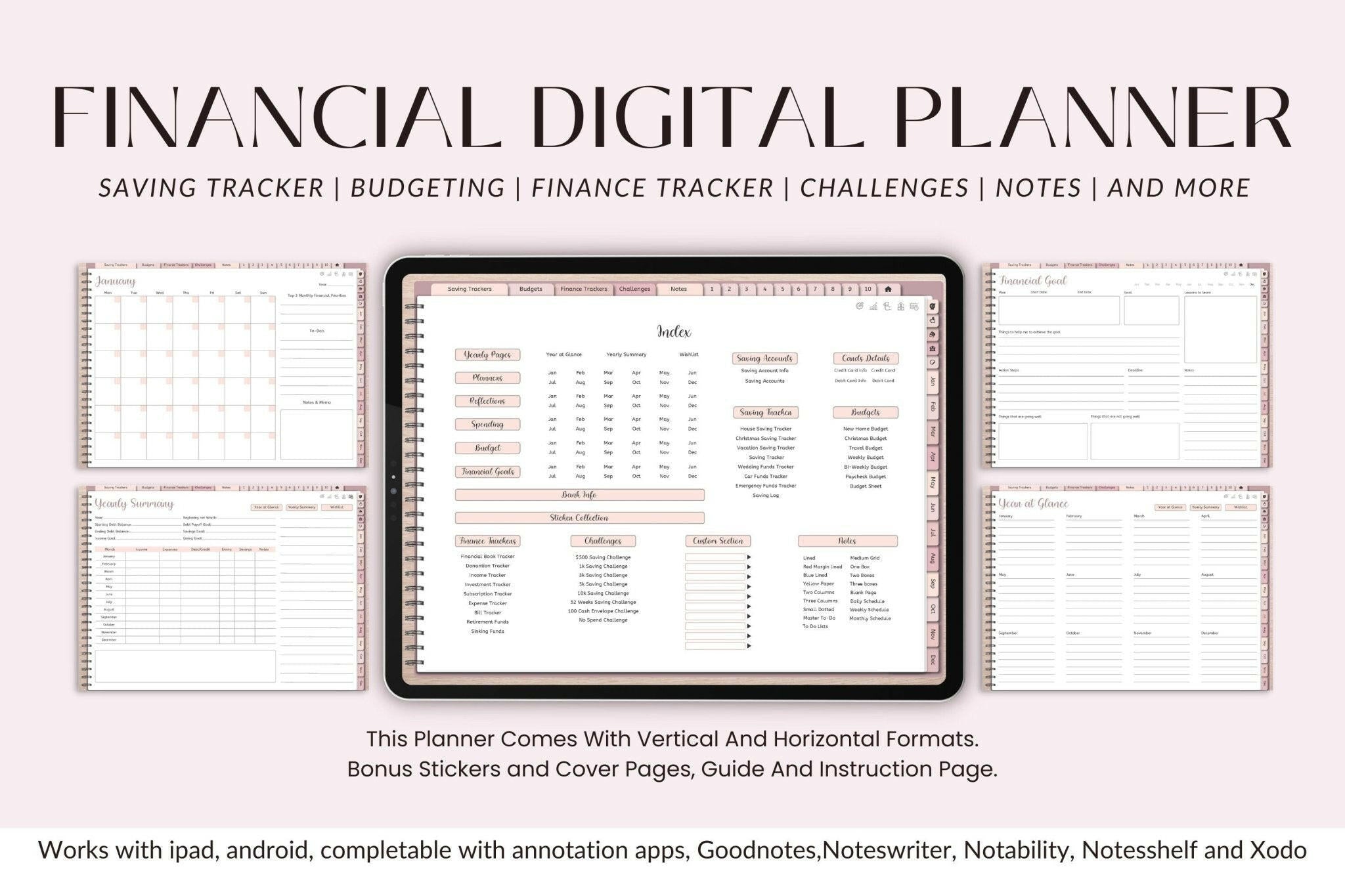 "Goodnotes app open with digital budget spread and charts"