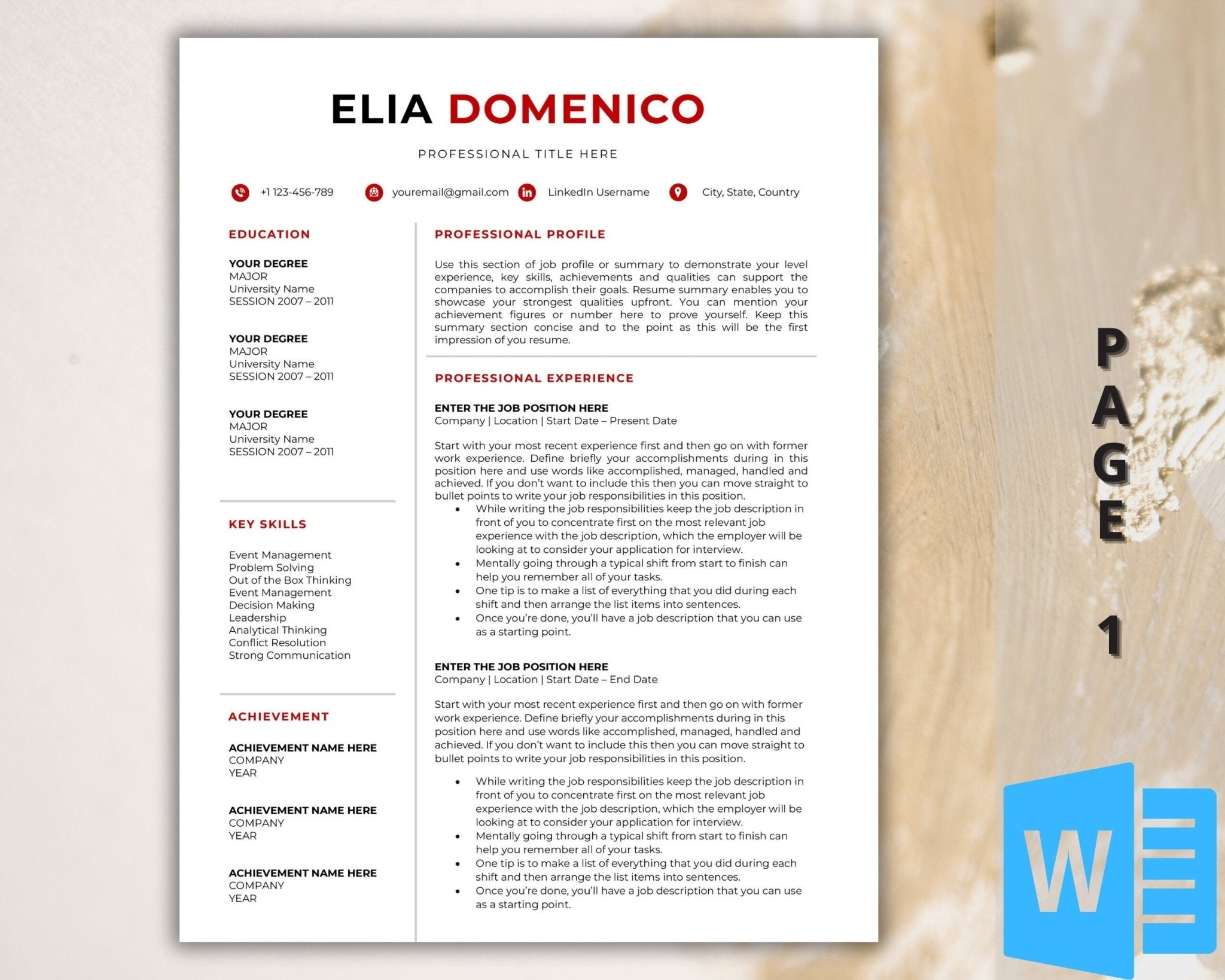 1-page, 2-page, and 3-page CV templates in Microsoft Word format