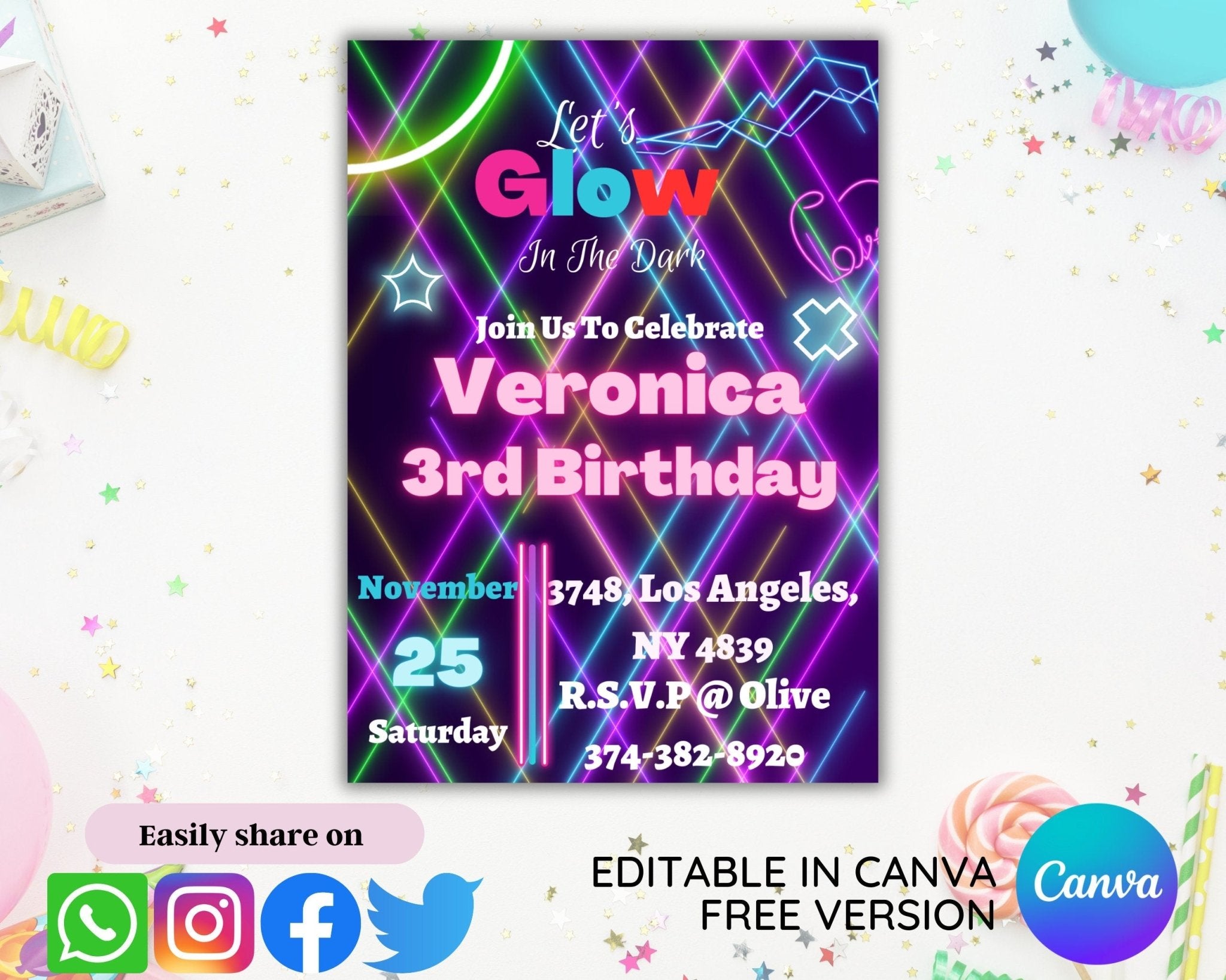 Canva template for colorful kids glow party invite
