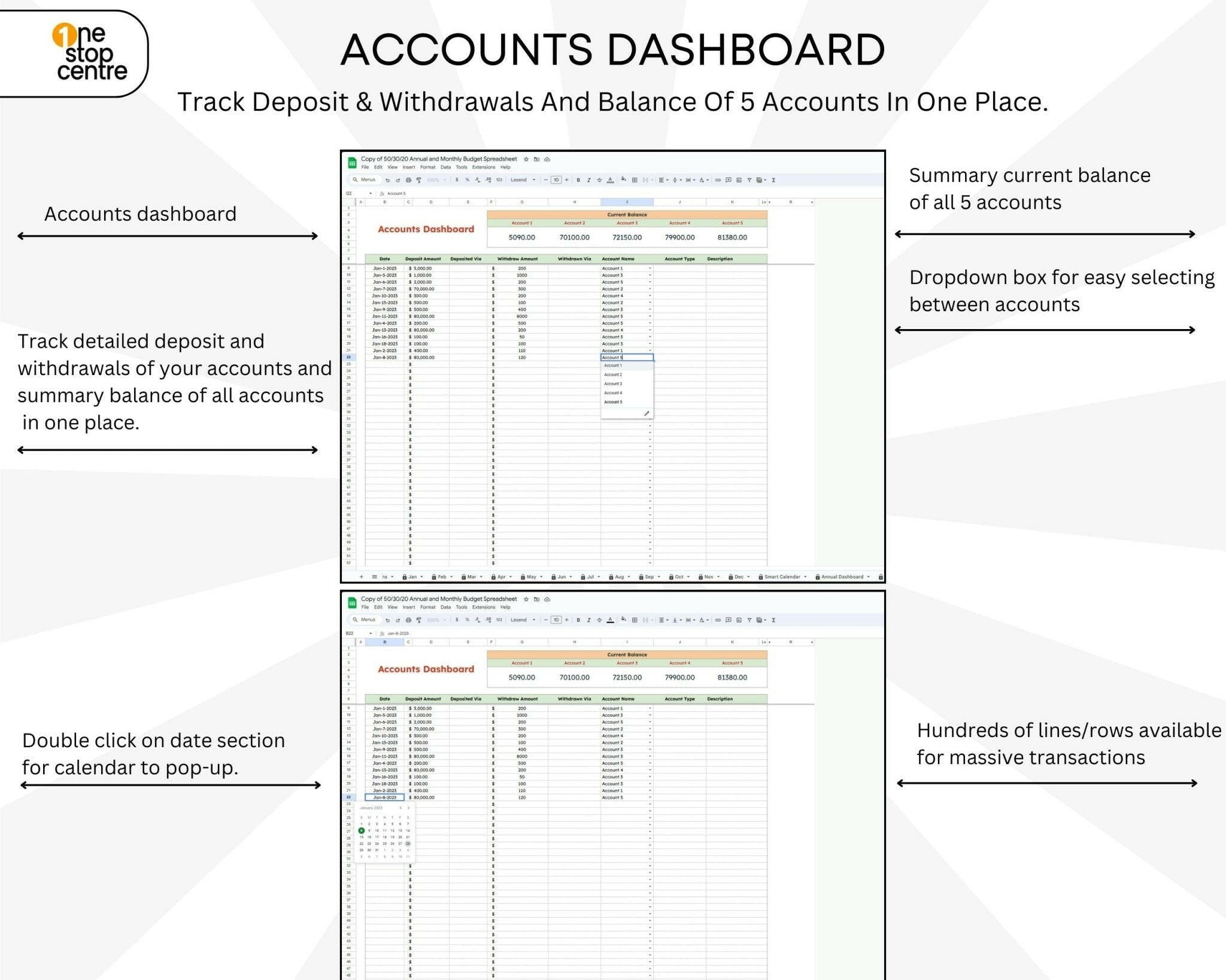 Accounts dashboard listing balances and transactions