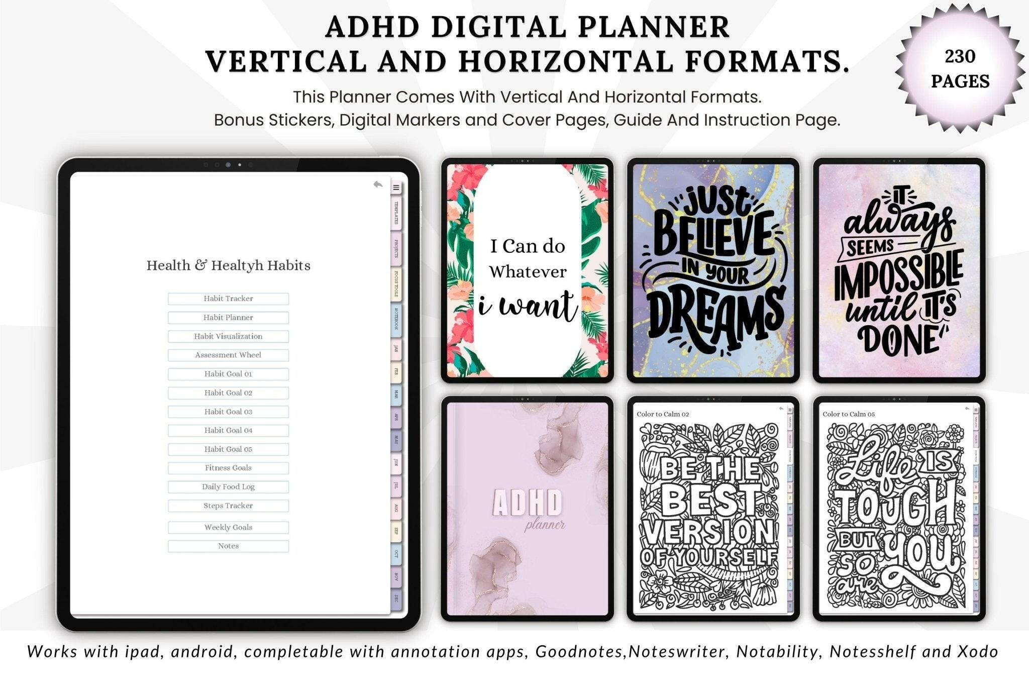 ADHD digital planner with motivational quotes and customizable features on a white background