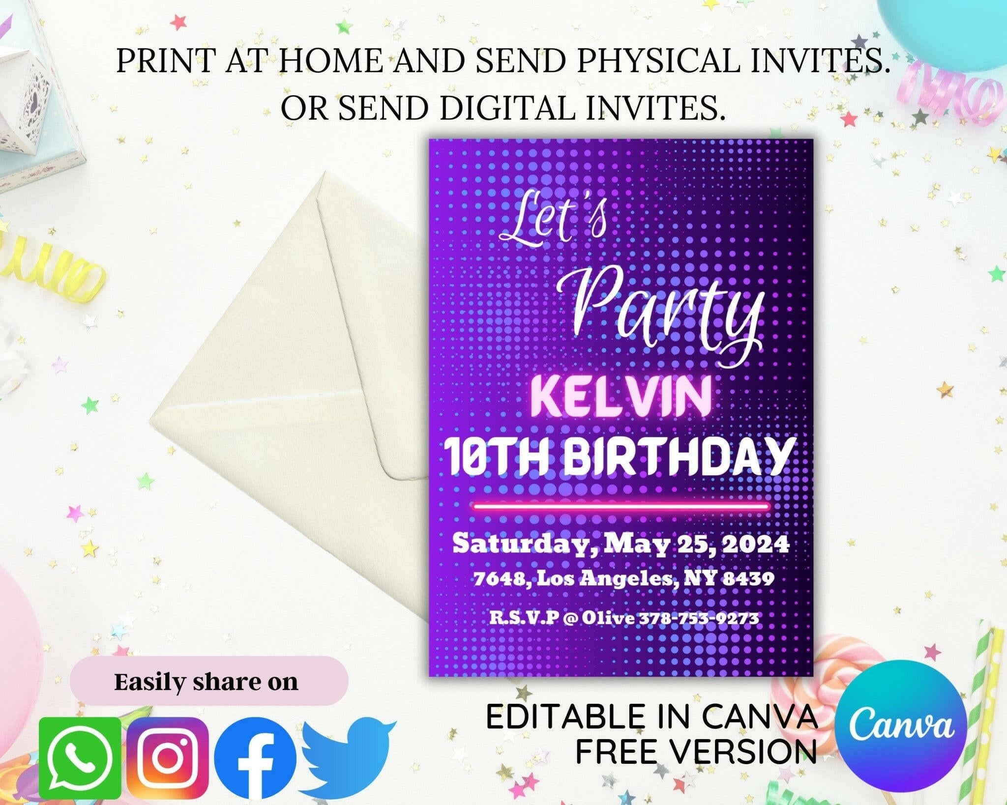 5x7 printable birthday party card in purple theme