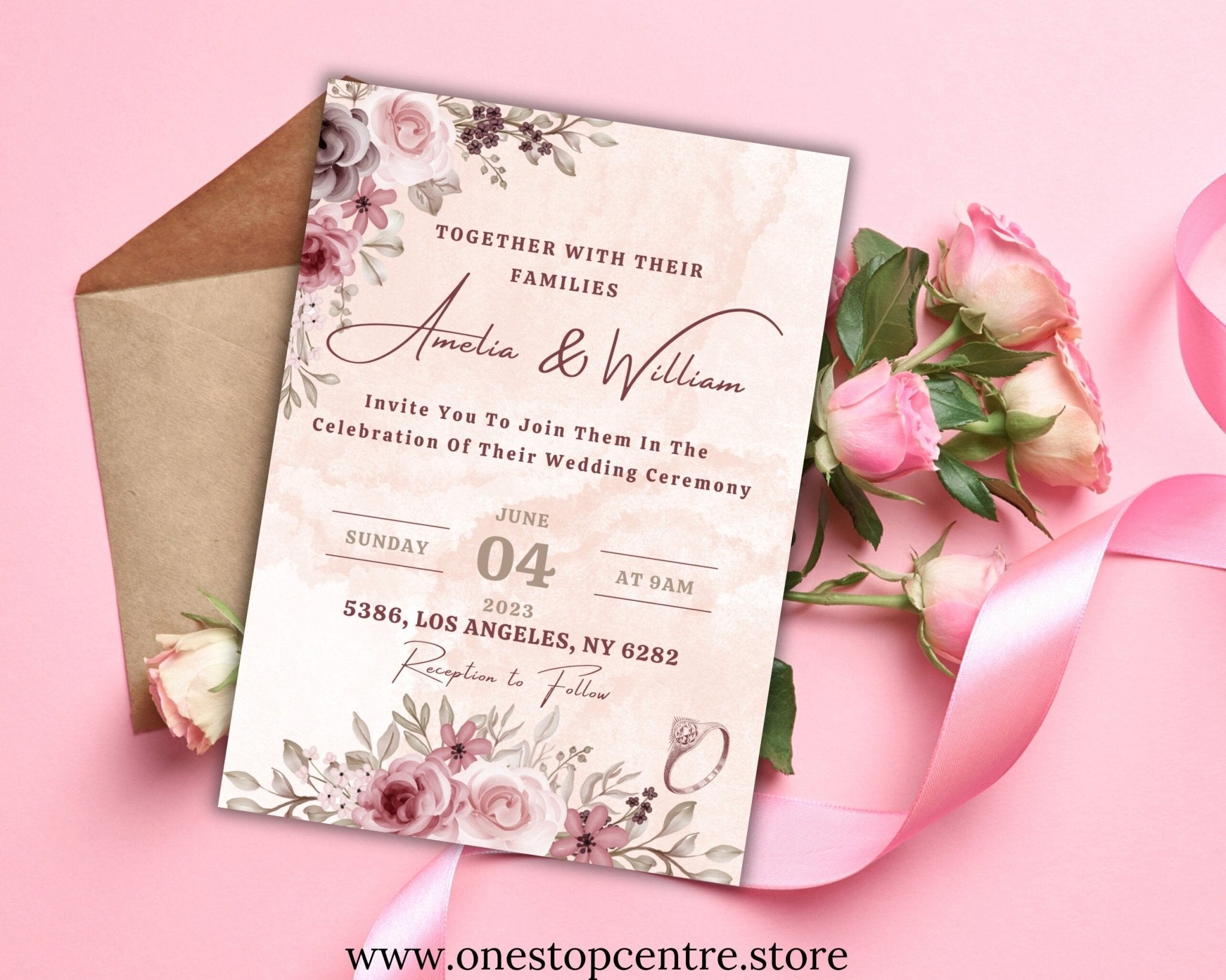 Editable 5x7 wedding invite with watercolor flower design