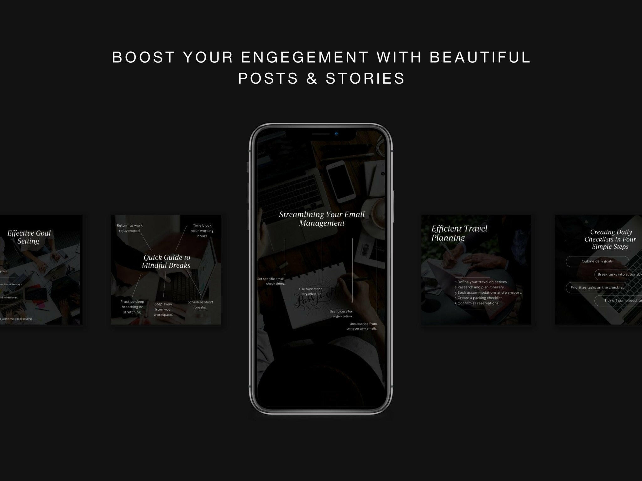Client testimonials and FAQ templates on a dark background