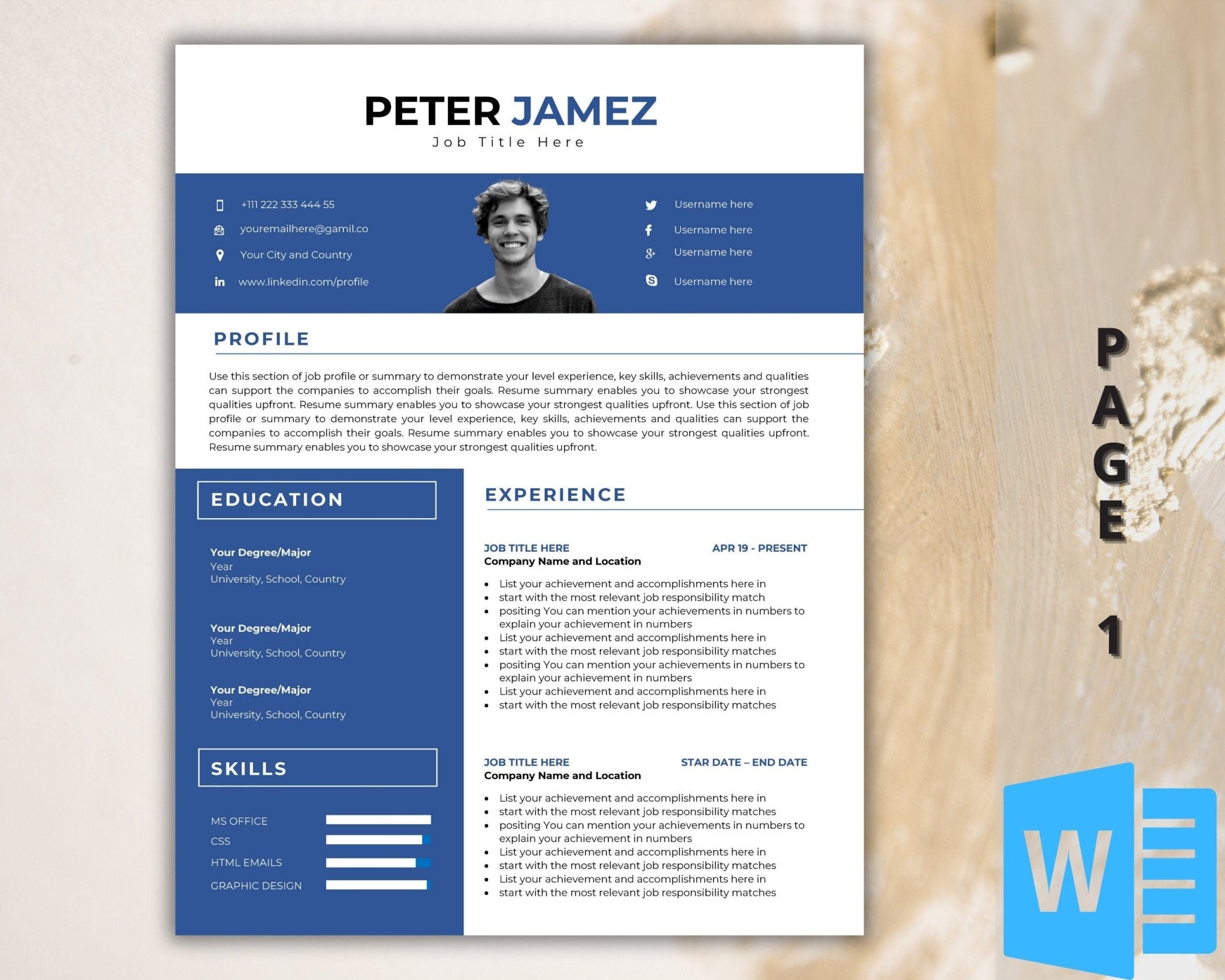 CV template creative 1-page resume template with photo in Word.