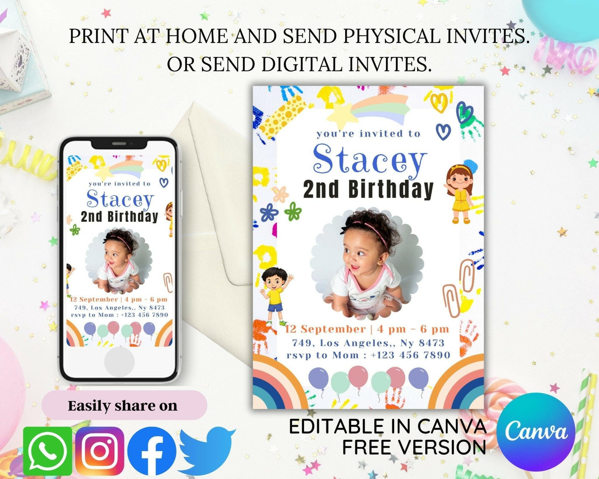 Editable party invitation shown on tablet