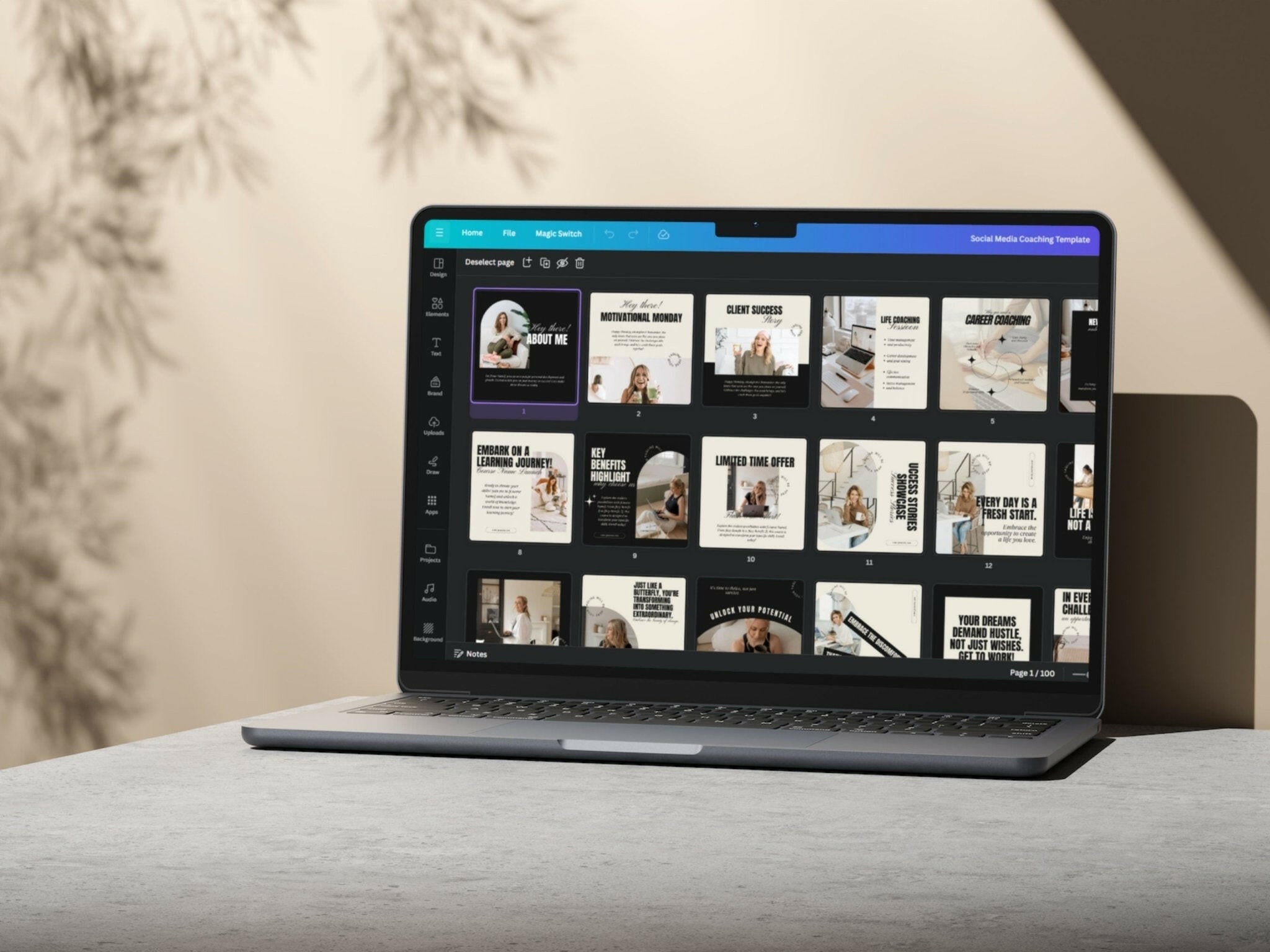 Laptop displaying Life coaching Instagram post grid