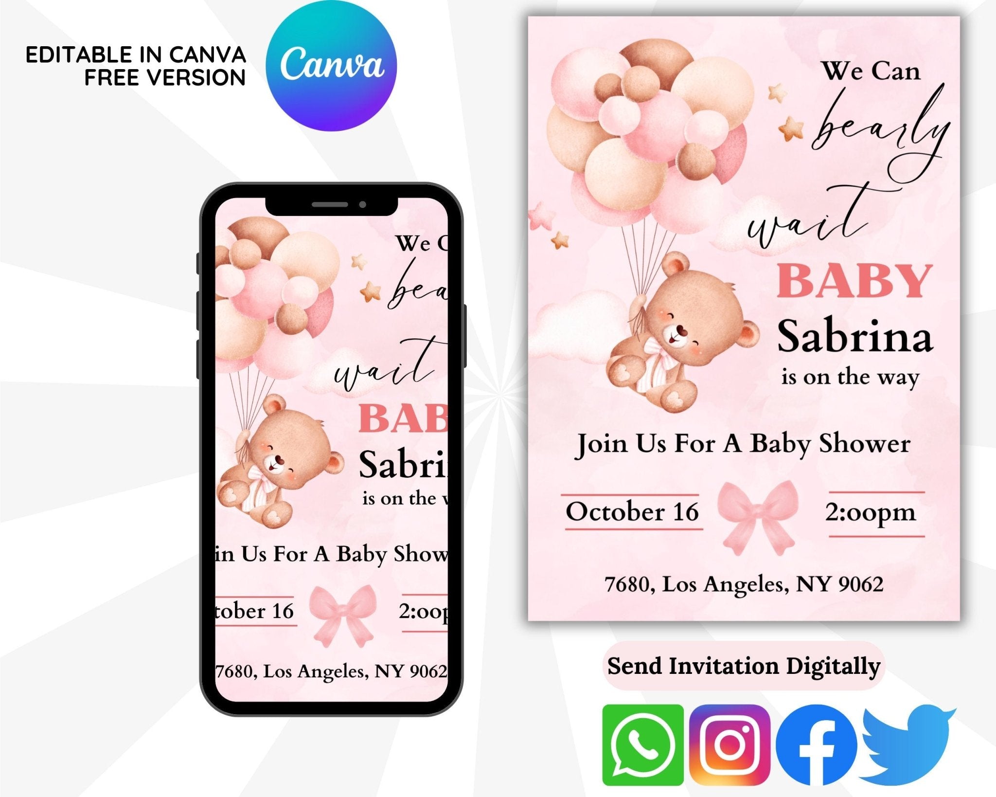 Printable pink teddy bear baby shower invitation