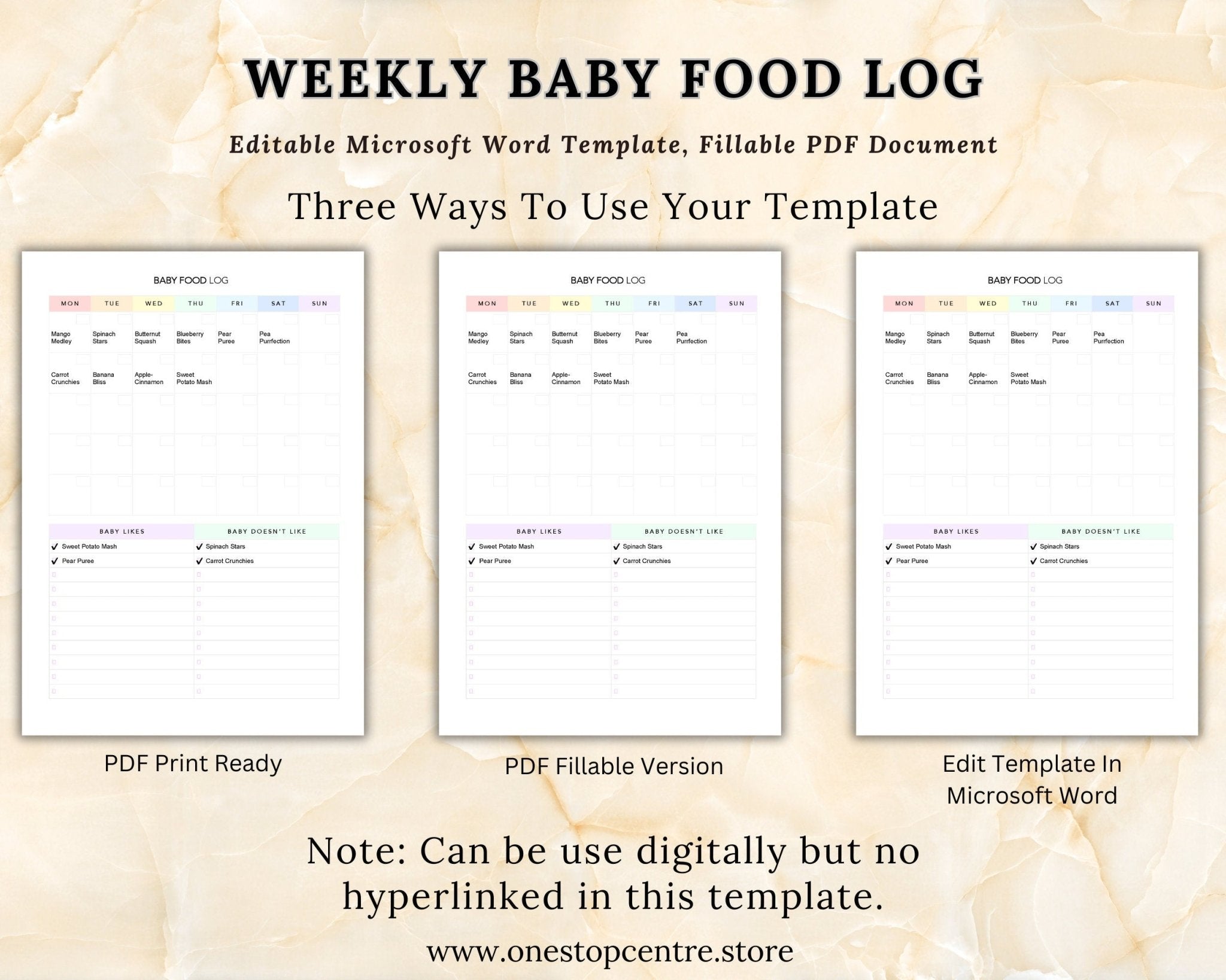 Weekly baby food log template with editable Microsoft Word and PDF versions