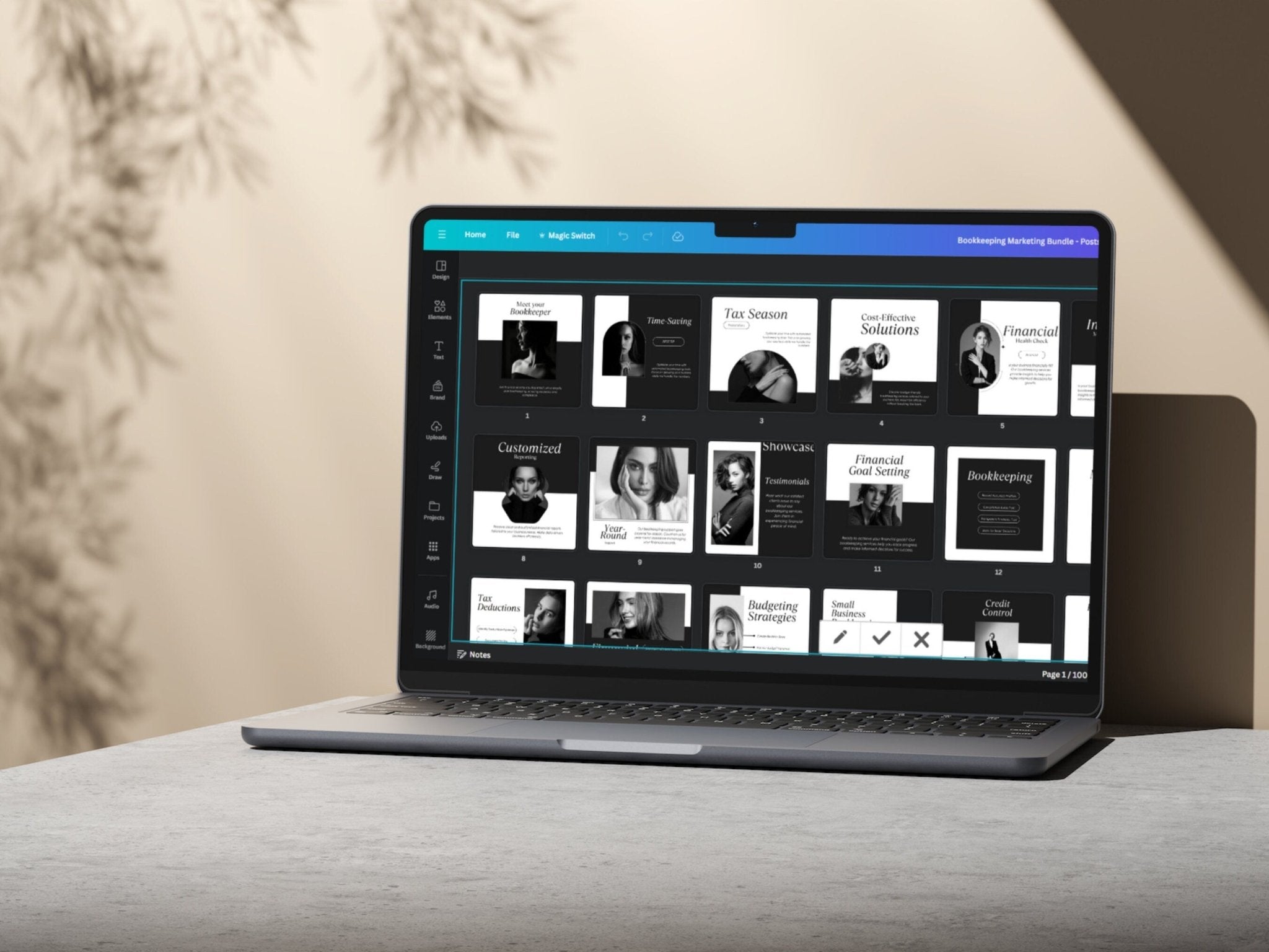"Instagram stories with accounting tips and business advice layout show on laptop
