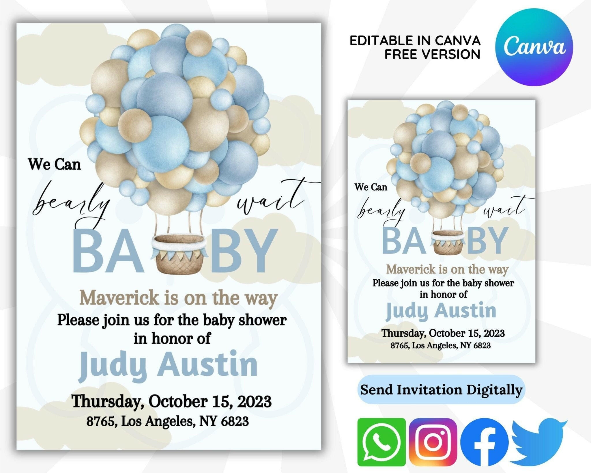 Editable Canva baby shower invite for boys or girls