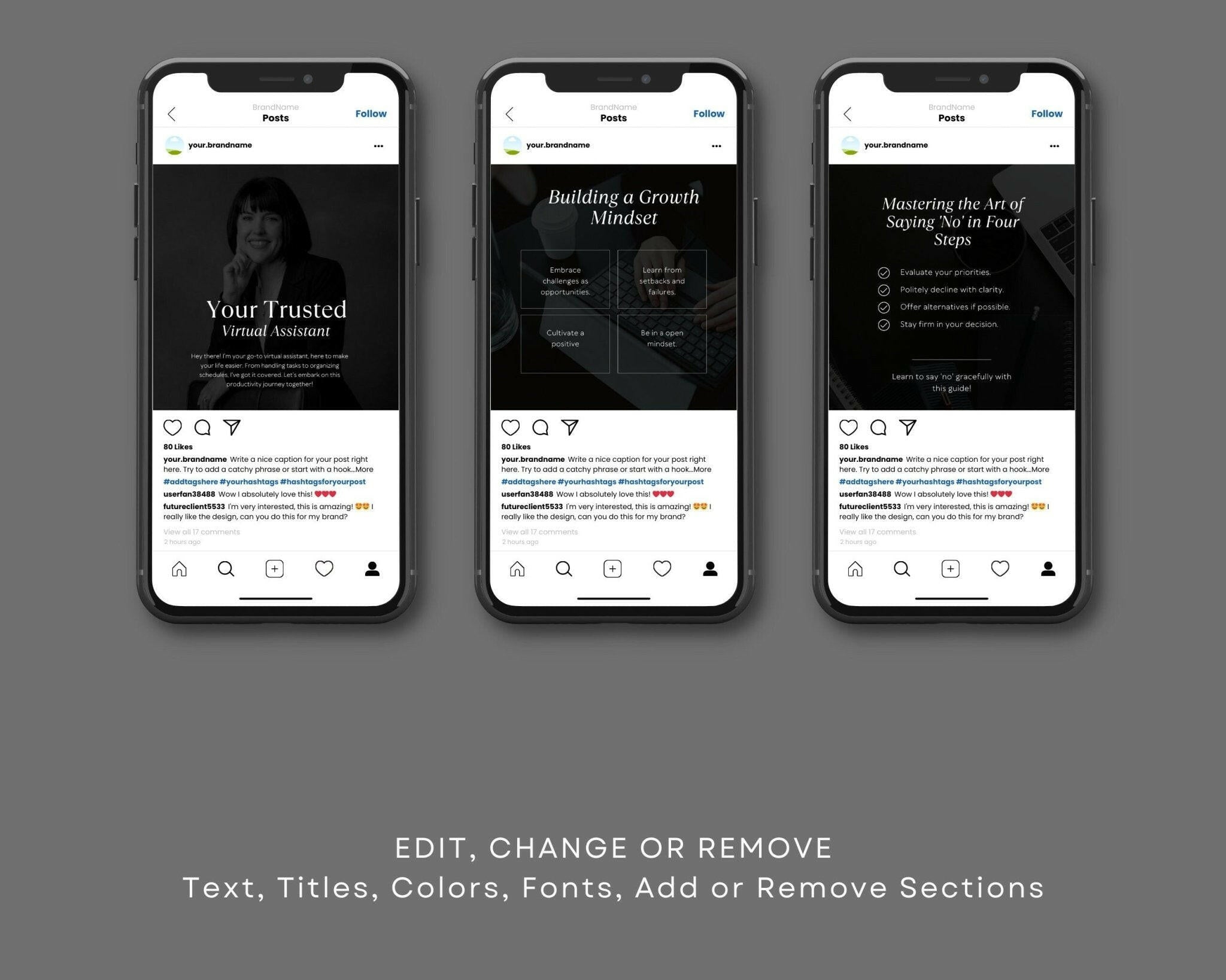 Before-and-after brand customization of dark Canva templates display on iPhone screen